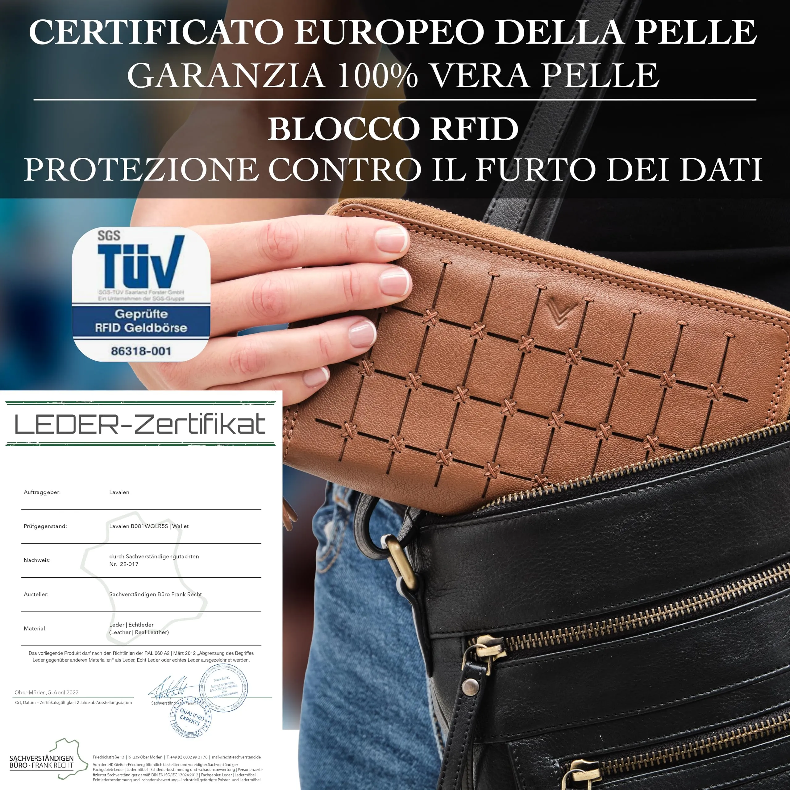 Lavalen Portafoglio Donna in Vera Pelle con 30 Tasche RFID e Doppia Cerniera - Cognac Quadrato - immagine 5