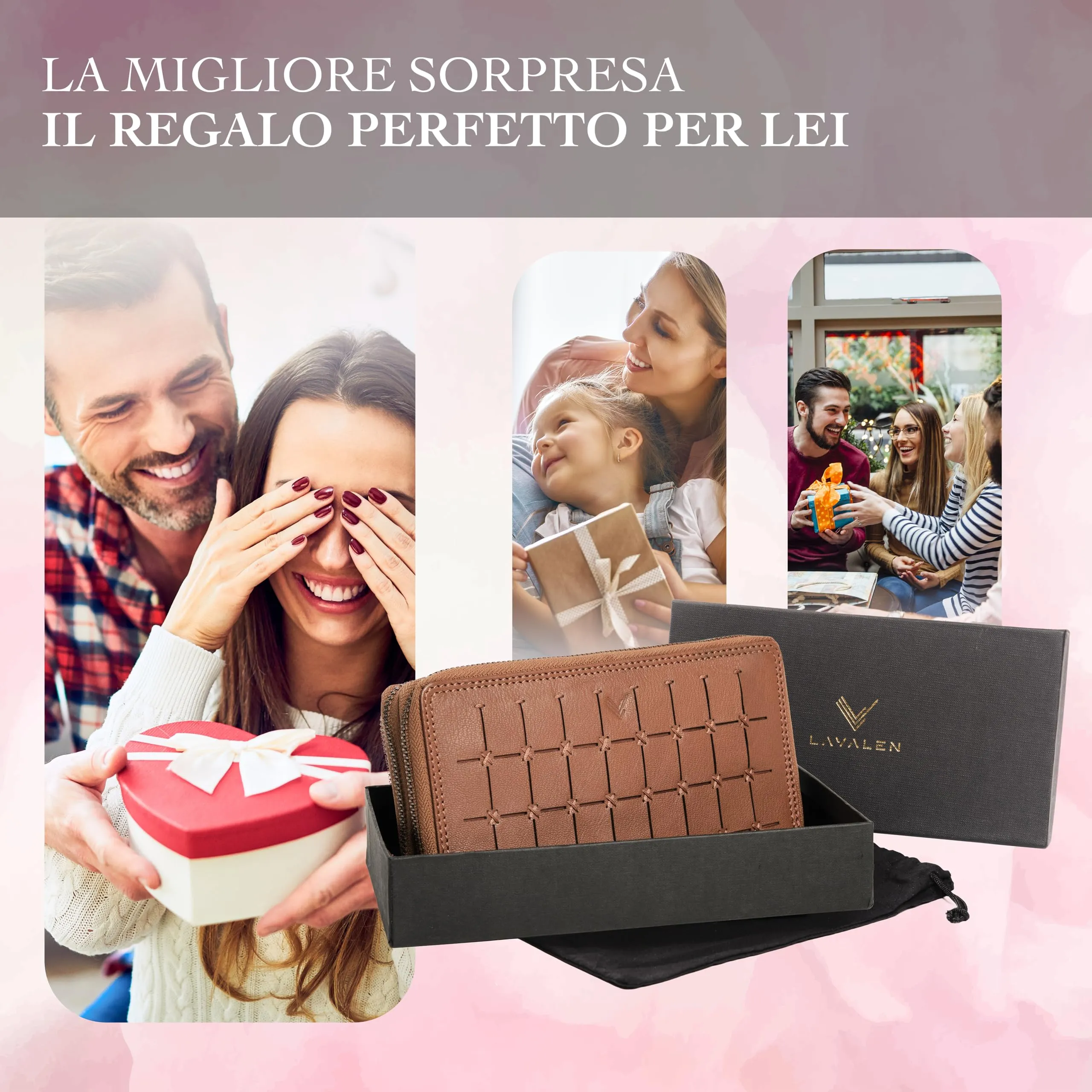 Lavalen Portafoglio Donna in Vera Pelle con 30 Tasche RFID e Doppia Cerniera - Cognac Quadrato - immagine 6