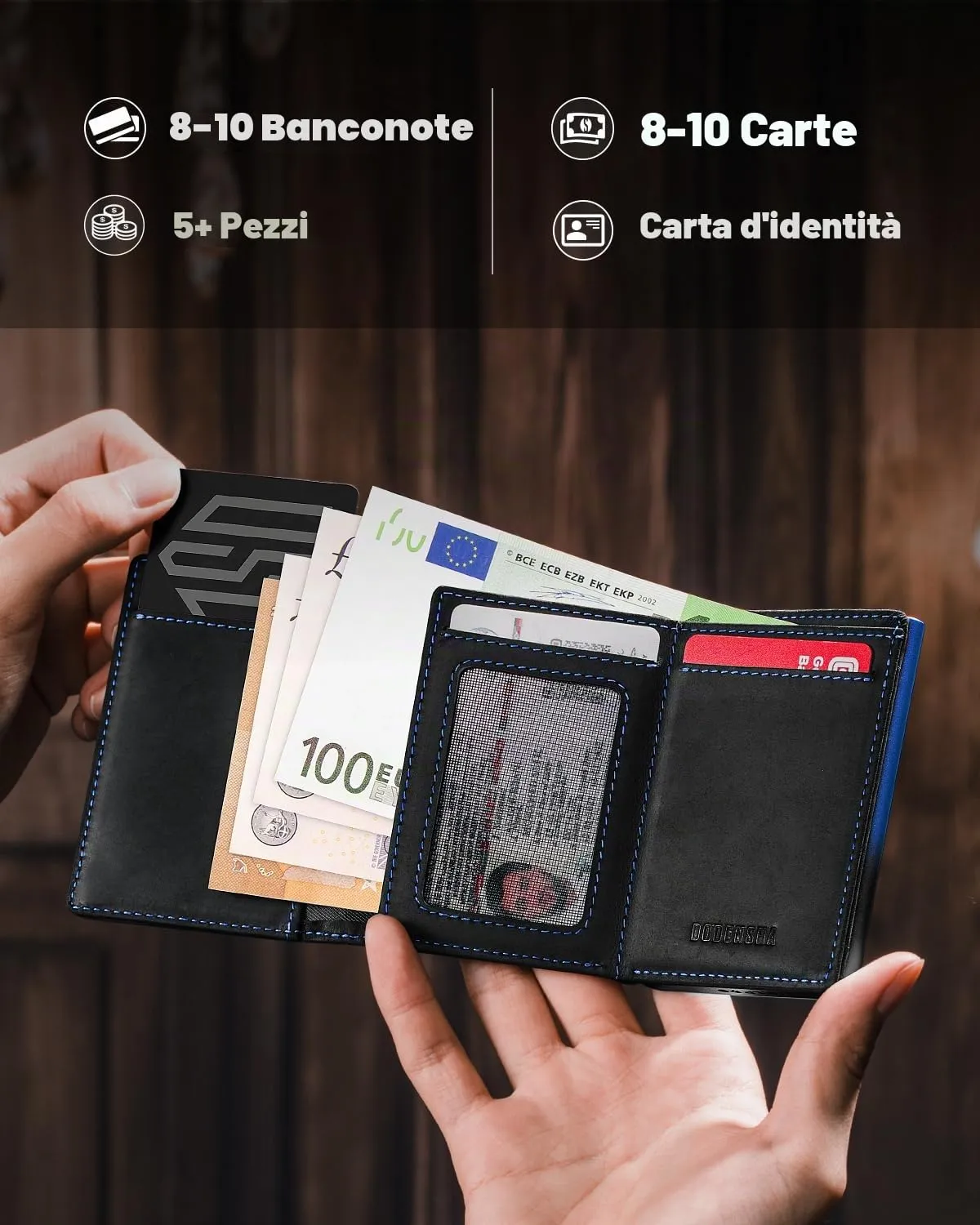 DODENSHA Portafoglio Uomo in Vera Pelle Marrone con Protezione RFID, Chiusura Magnetica, 12.5x10x3.5 cm - immagine 3