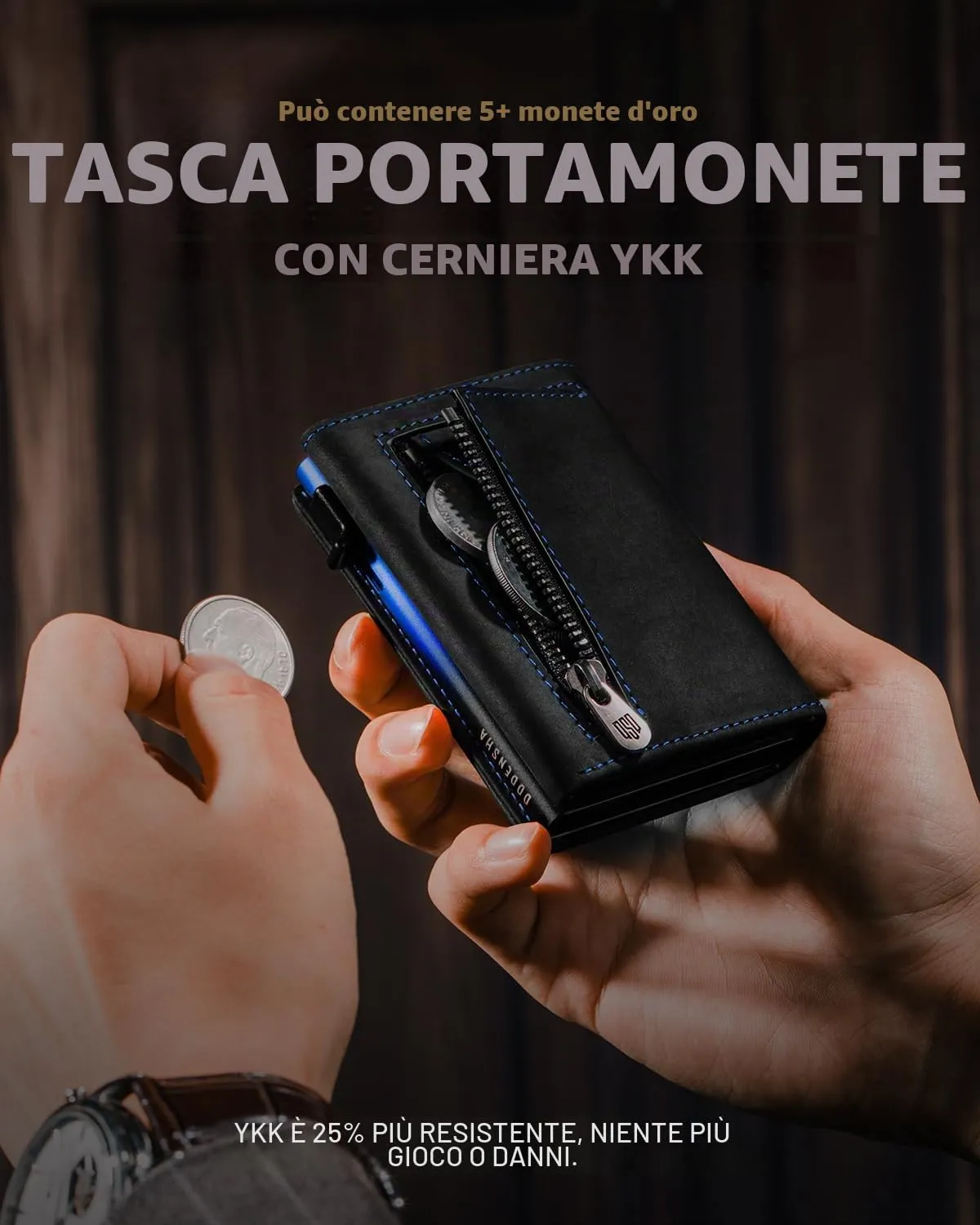 DODENSHA Portafoglio Uomo in Vera Pelle Marrone con Protezione RFID, Chiusura Magnetica, 12.5x10x3.5 cm - immagine 6
