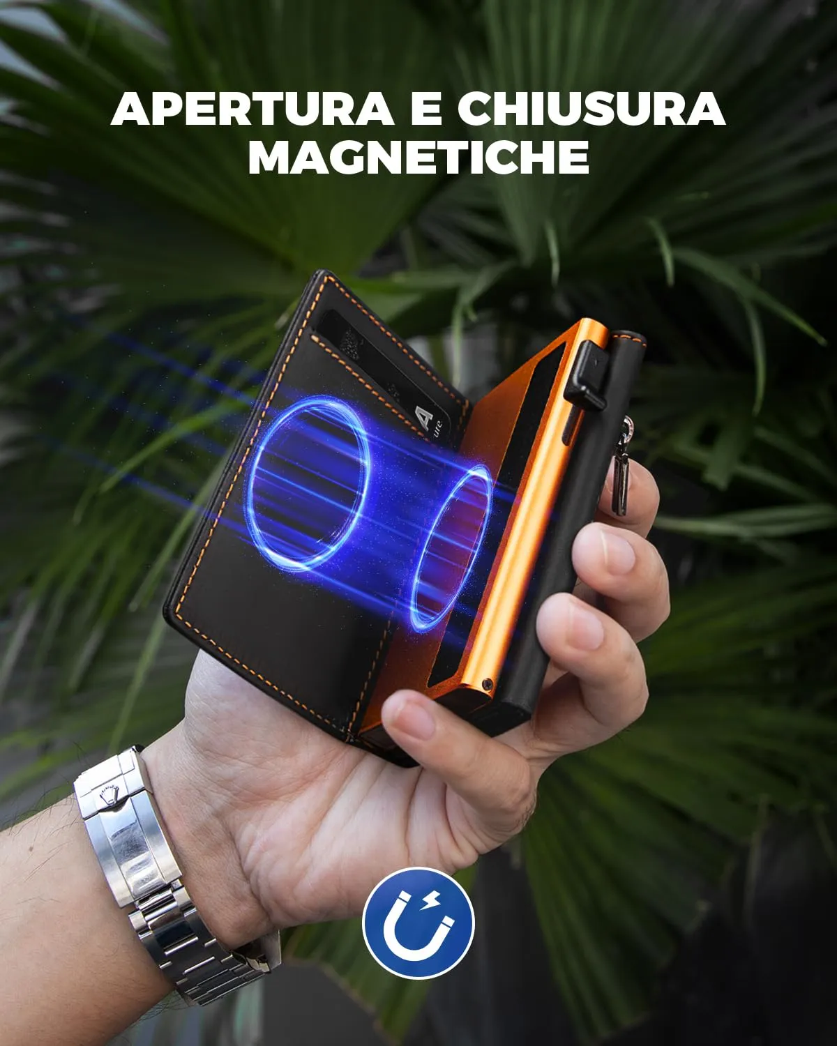 DODENSHA MagSnap Portafoglio Uomo Slim con Protezione RFID, Nero/Arancione - immagine 2