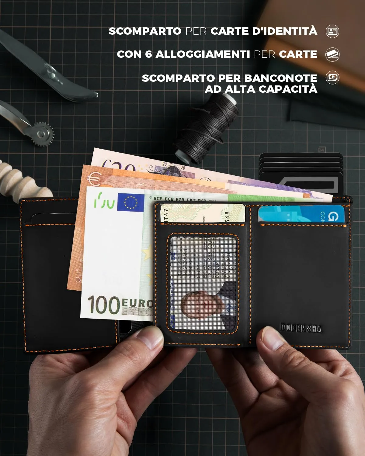DODENSHA MagSnap Portafoglio Uomo Slim con Protezione RFID, Nero/Arancione - immagine 3