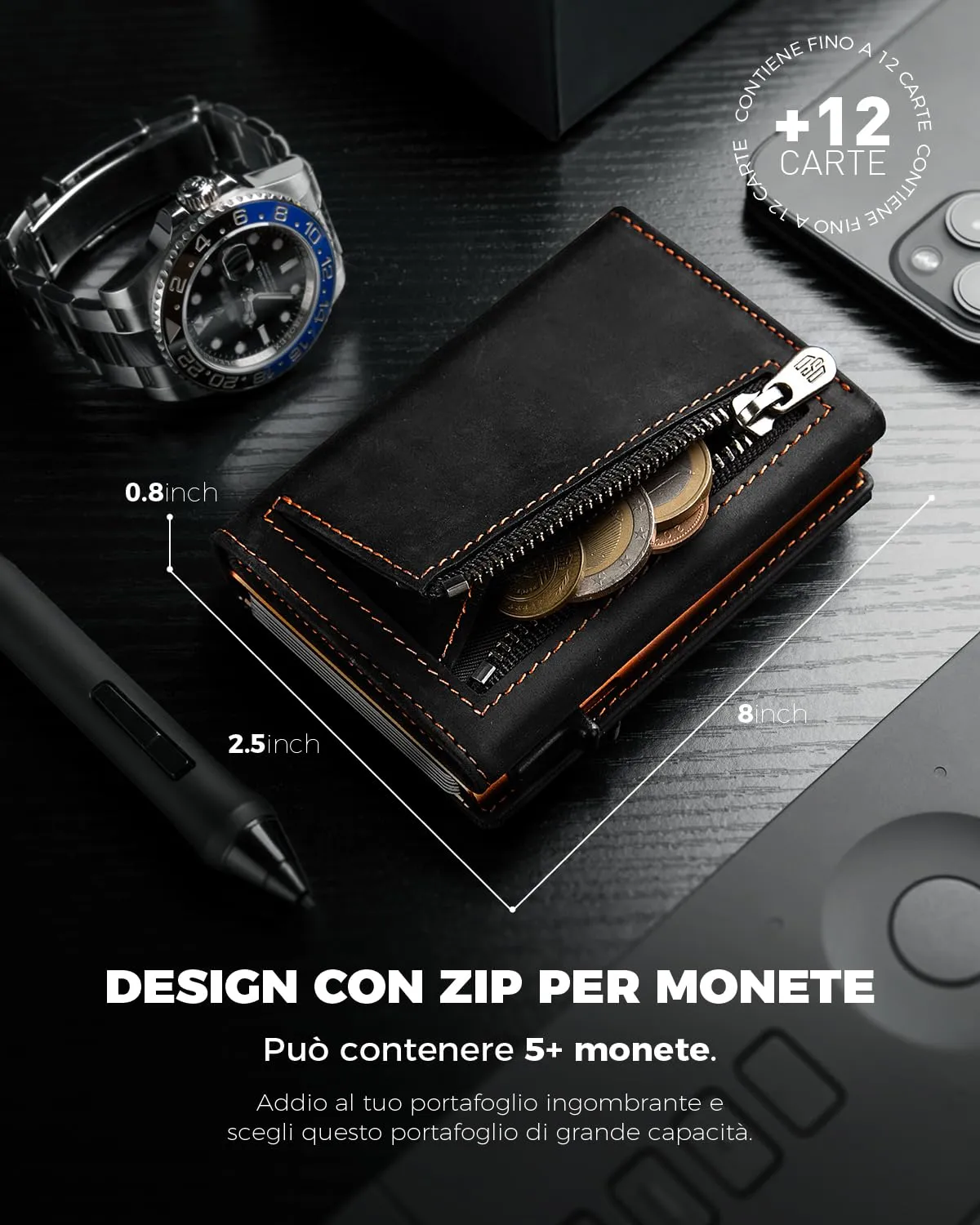 DODENSHA MagSnap Portafoglio Uomo Slim con Protezione RFID, Nero/Arancione - immagine 4