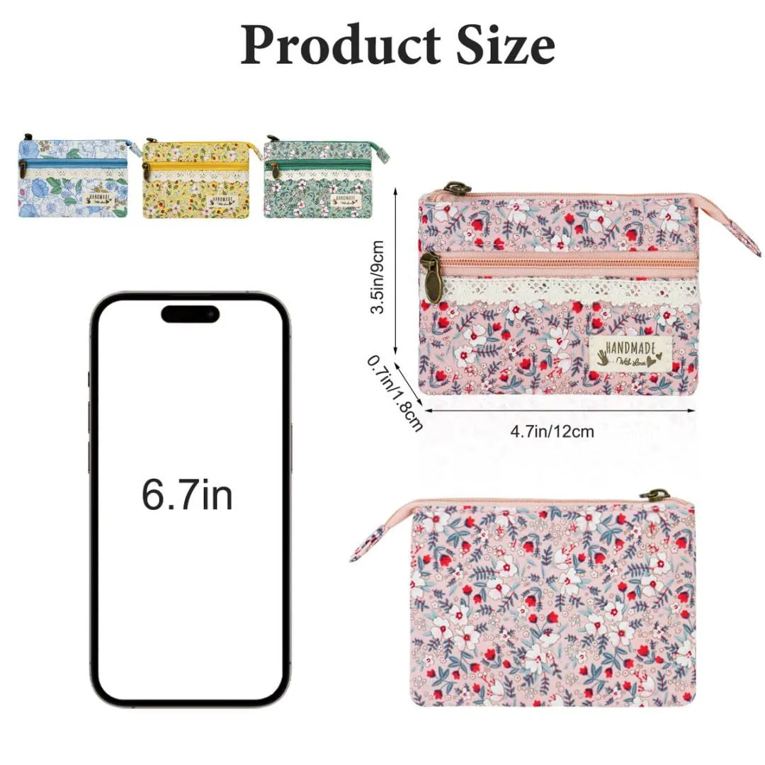 FuninCrea Mini Portamonete da Donna in Cotone, Motivo Floreale, 2 Tasche con Cerniera, Stile 5, 12x9x1,8 cm - immagine 2