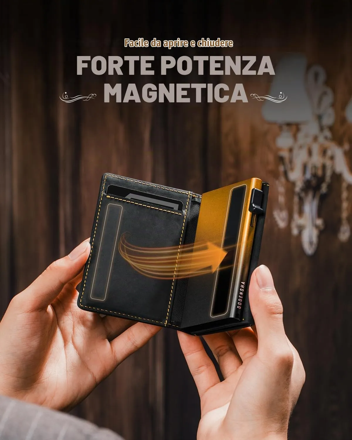 DODENSHA MagSnap Portafoglio da Uomo in Pelle con Scomparto Monete, Chiusura Magnetica e Protezione RFID (Giallo Nero) - immagine 2