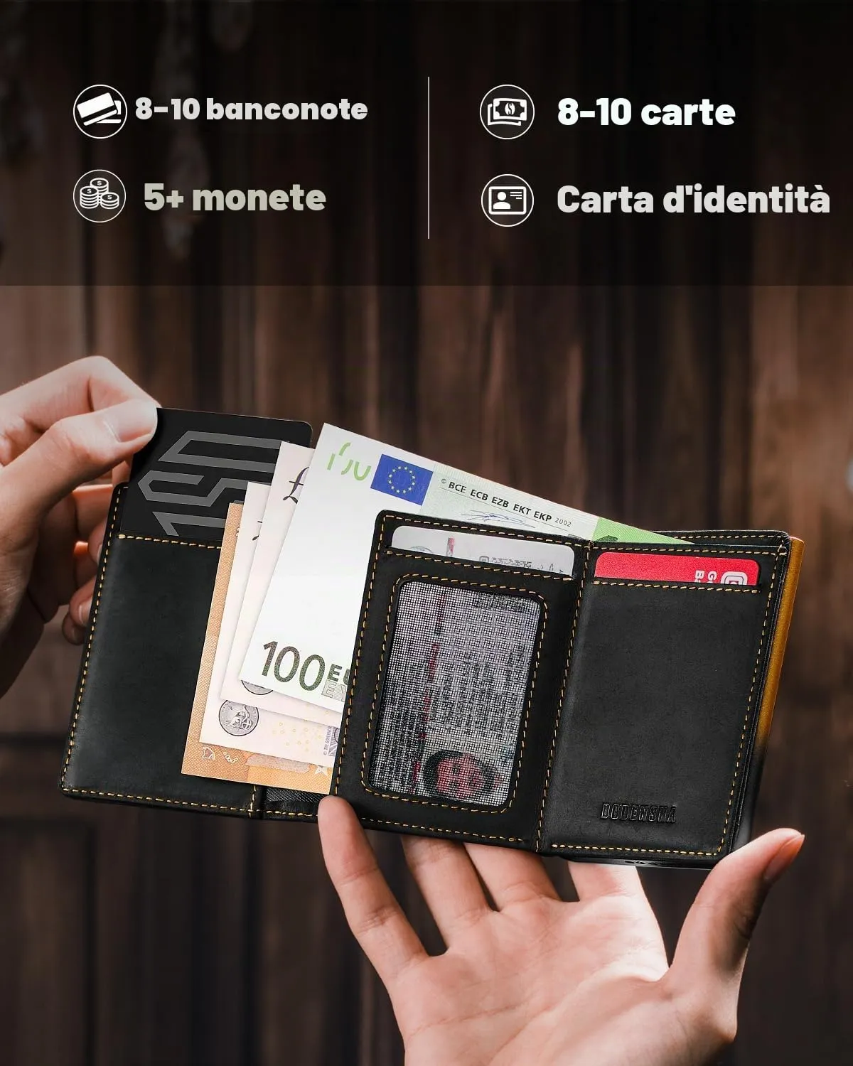 DODENSHA MagSnap Portafoglio da Uomo in Pelle con Scomparto Monete, Chiusura Magnetica e Protezione RFID (Giallo Nero) - immagine 3