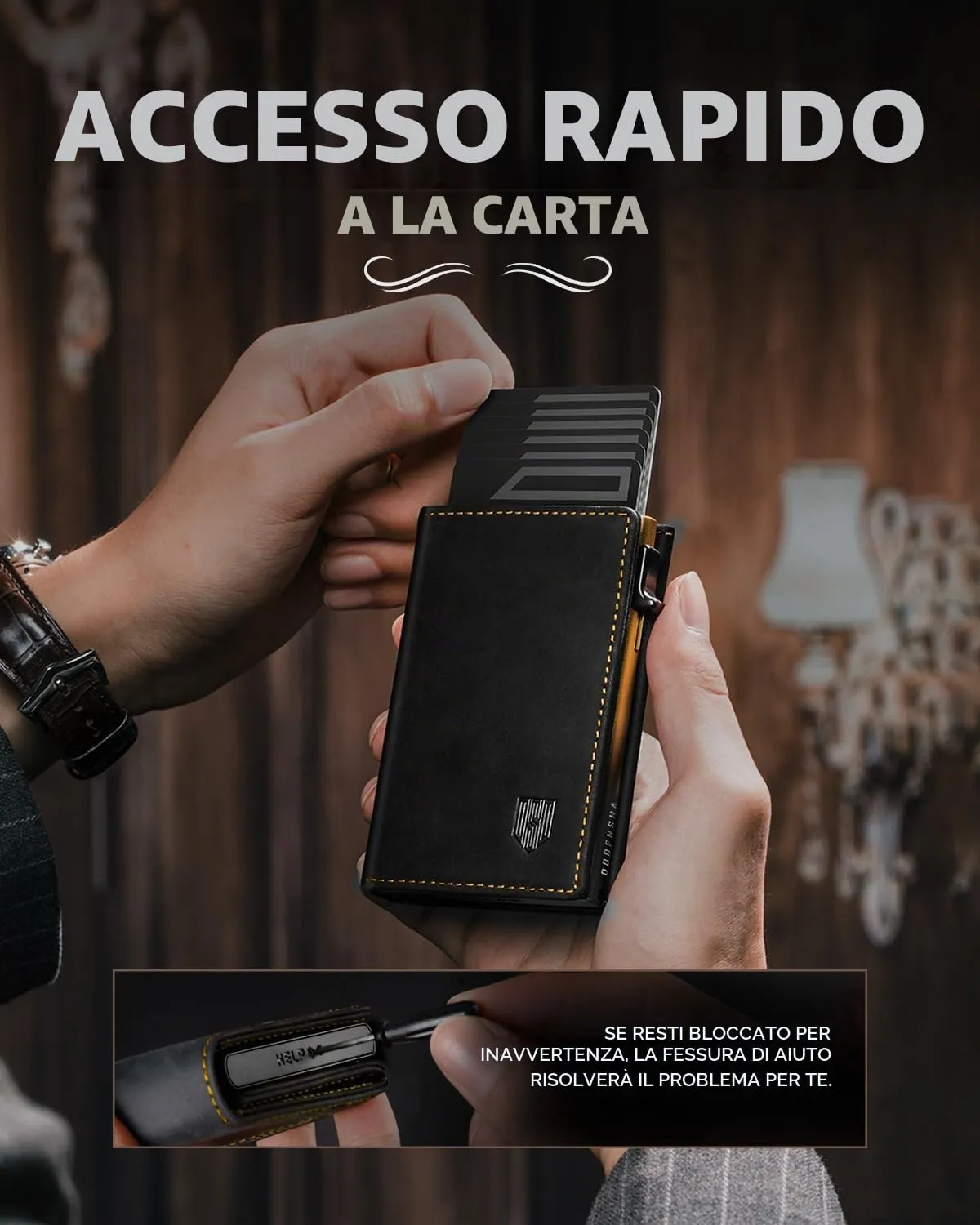 DODENSHA MagSnap Portafoglio da Uomo in Pelle con Scomparto Monete, Chiusura Magnetica e Protezione RFID (Giallo Nero) - immagine 4