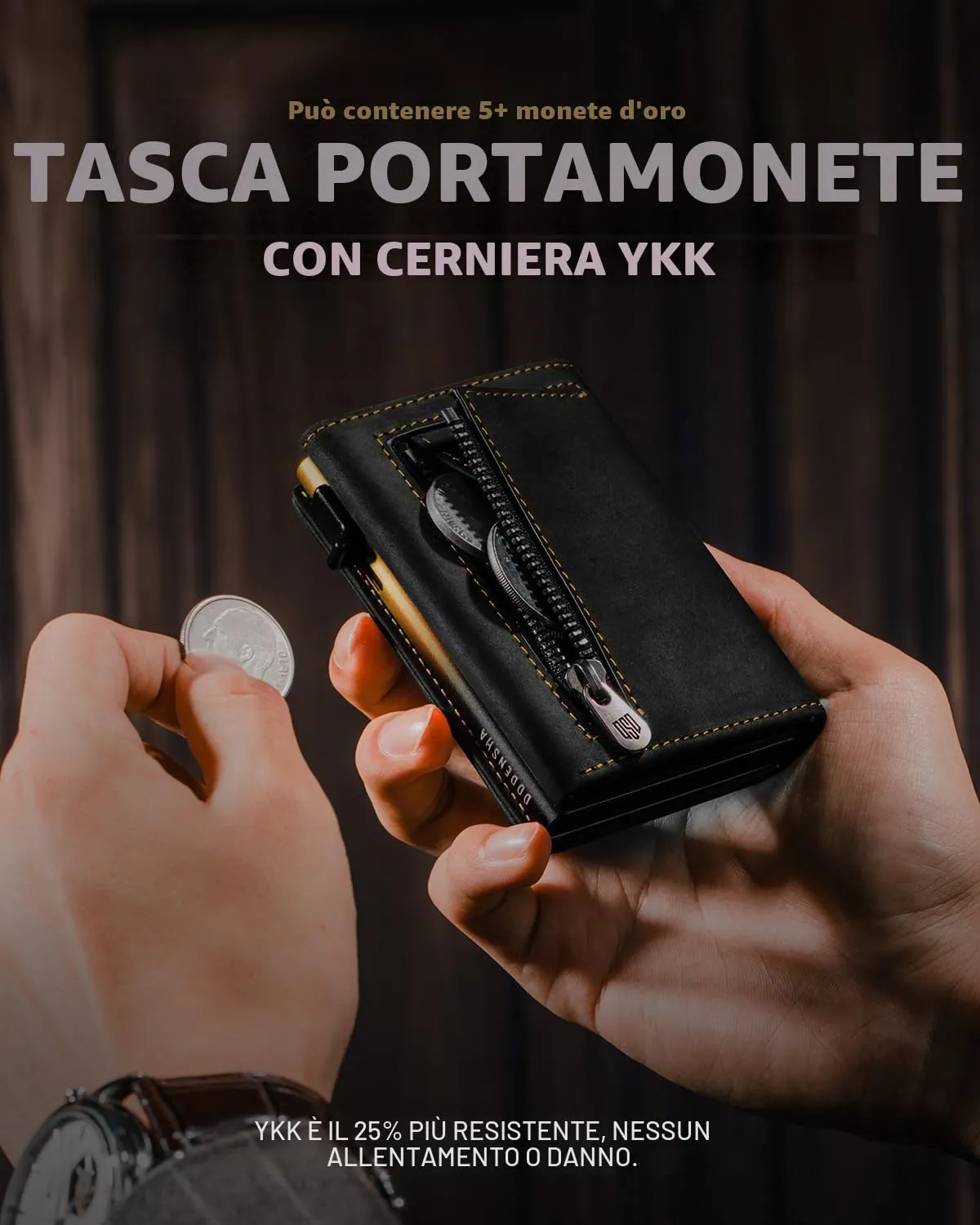 DODENSHA MagSnap Portafoglio da Uomo in Pelle con Scomparto Monete, Chiusura Magnetica e Protezione RFID (Giallo Nero) - immagine 6