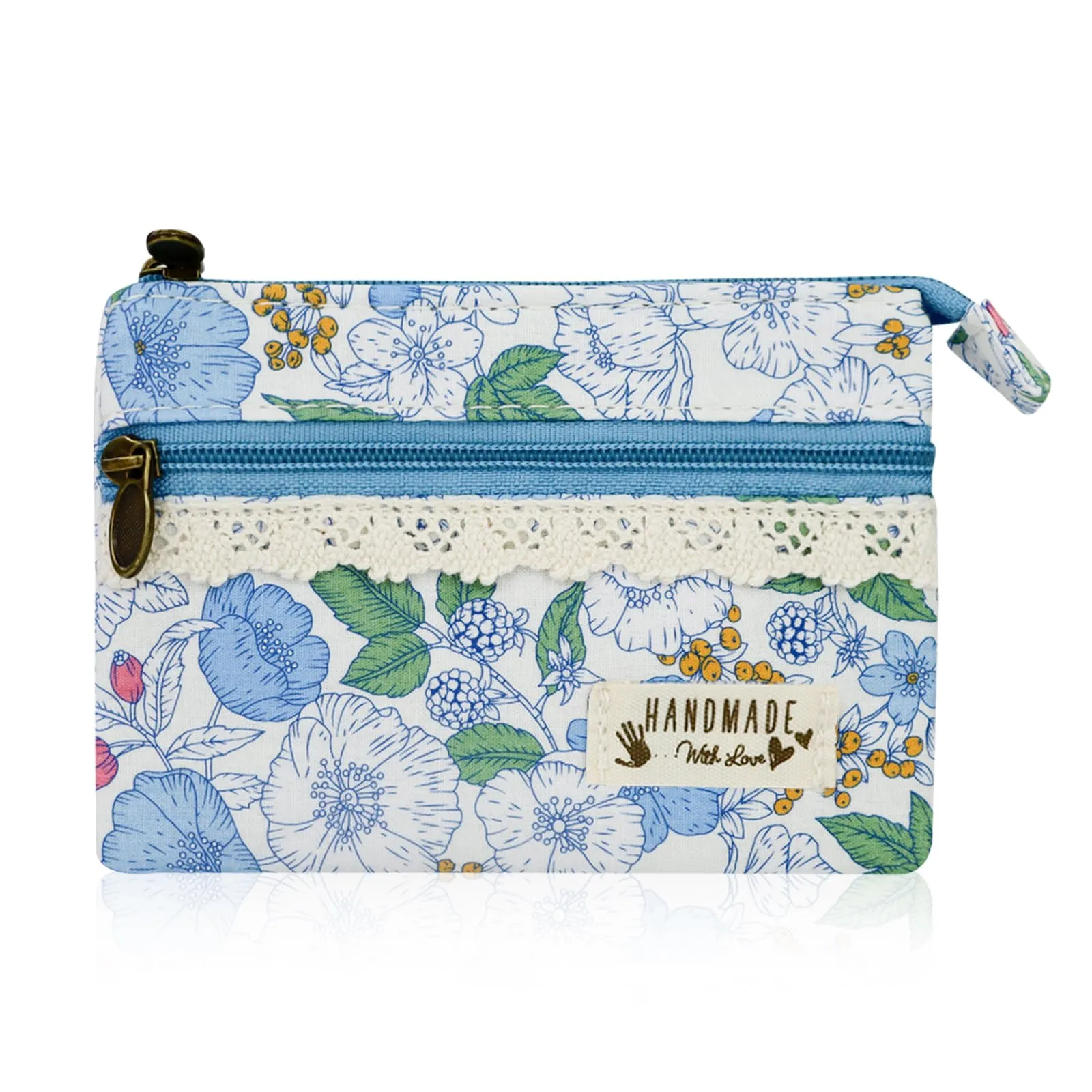 FuninCrea Mini Portamonete da Donna in Cotone con 2 Tasche con Cerniera, Motivo Floreale, Blu, 12x9x1,8 cm - immagine 1