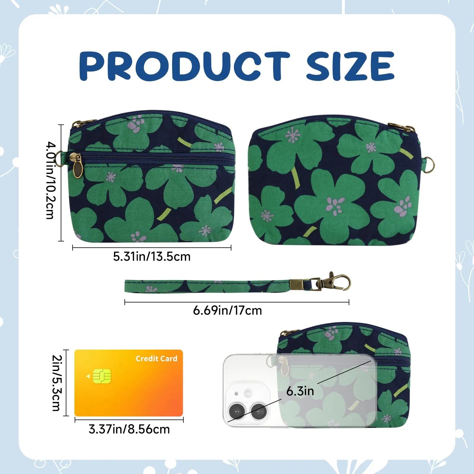 FuninCrea Mini Portamonete da Donna in Cotone con Motivo Floreale, 2 Tasche con Chiusura Lampo, Verde-B., 12x9x1,8 cm - immagine 2