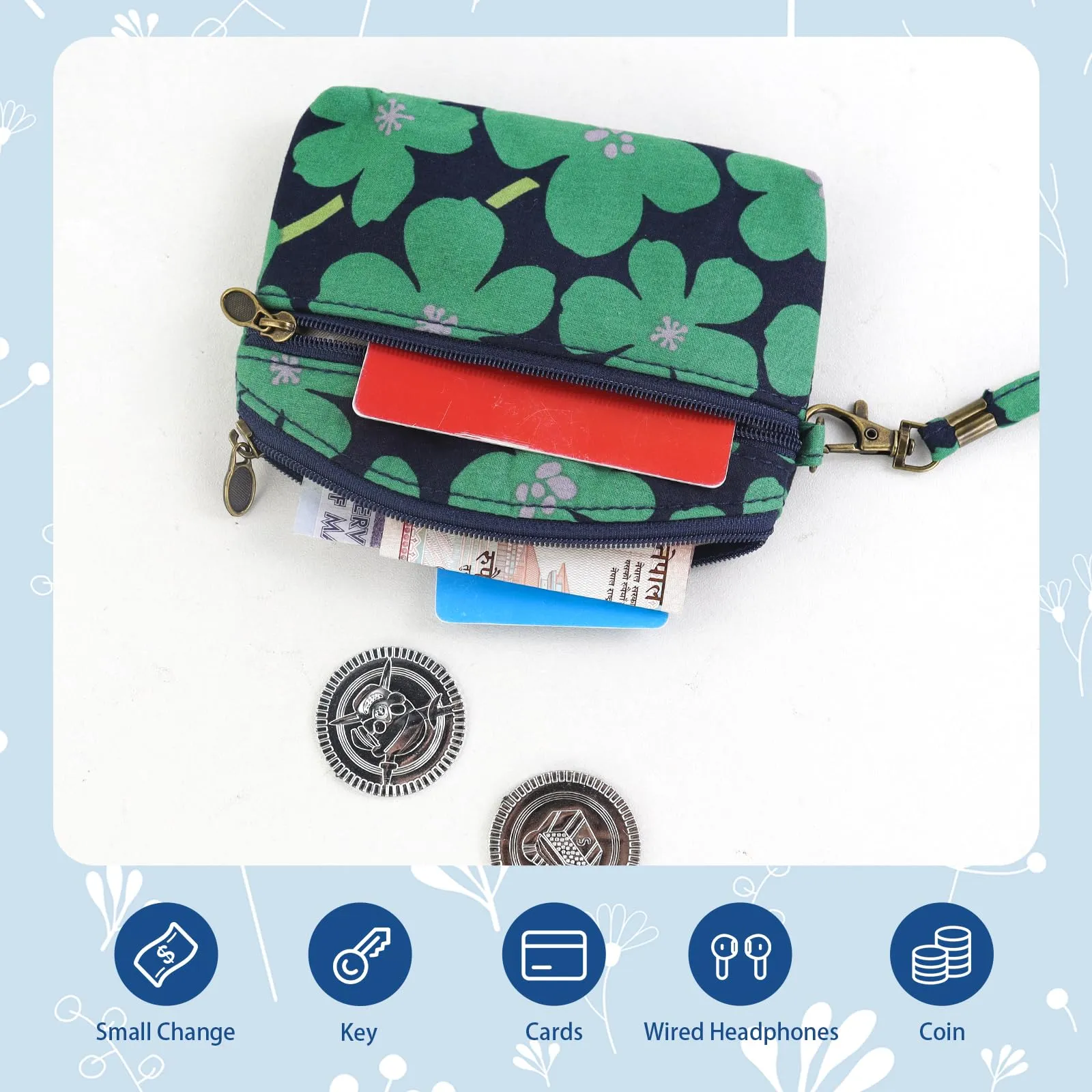 FuninCrea Mini Portamonete da Donna in Cotone con Motivo Floreale, 2 Tasche con Chiusura Lampo, Verde-B., 12x9x1,8 cm - immagine 4