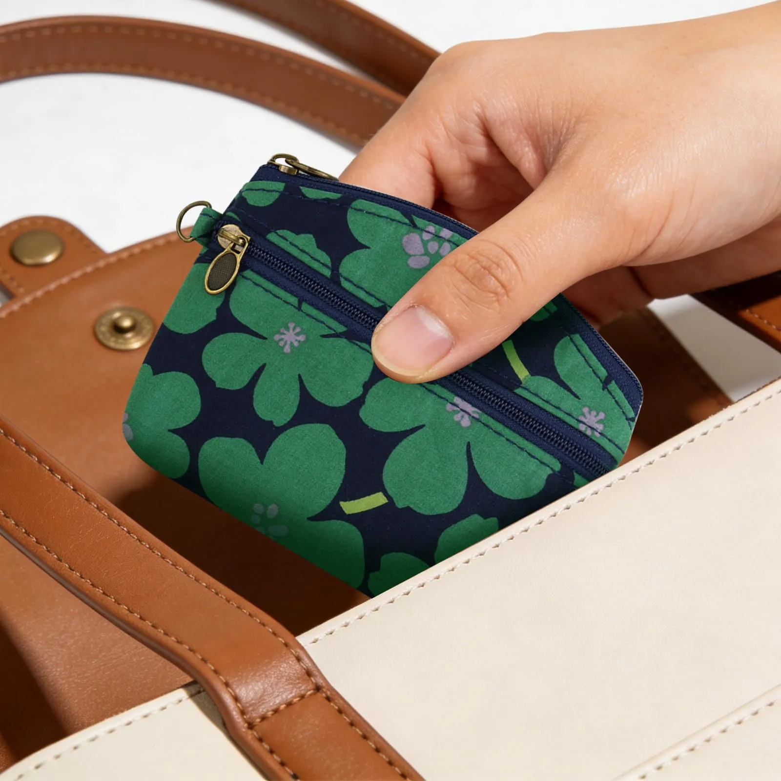 FuninCrea Mini Portamonete da Donna in Cotone con Motivo Floreale, 2 Tasche con Chiusura Lampo, Verde-B., 12x9x1,8 cm - immagine 6
