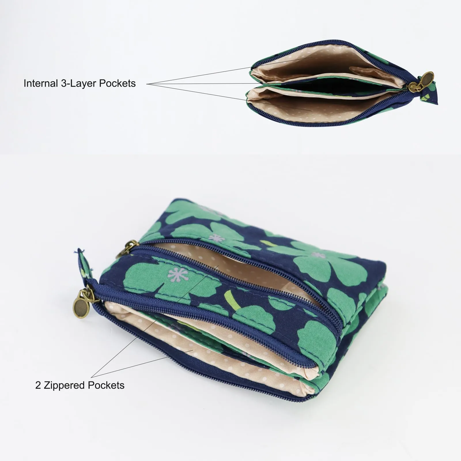 FuninCrea Set di 2 Mini Portamonete in Cotone con Motivo Floreale, 2 Tasche con Cerniera - immagine 4