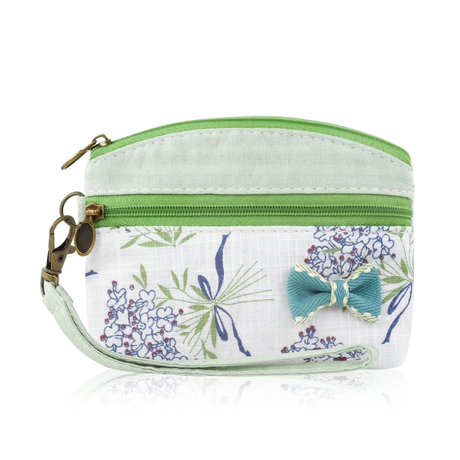 FuninCrea Mini Portamonete da Donna in Cotone, Motivo Floreale, 2 Tasche con Chiusura Lampo, Verde-A, 12x9x1,8 cm - immagine 1