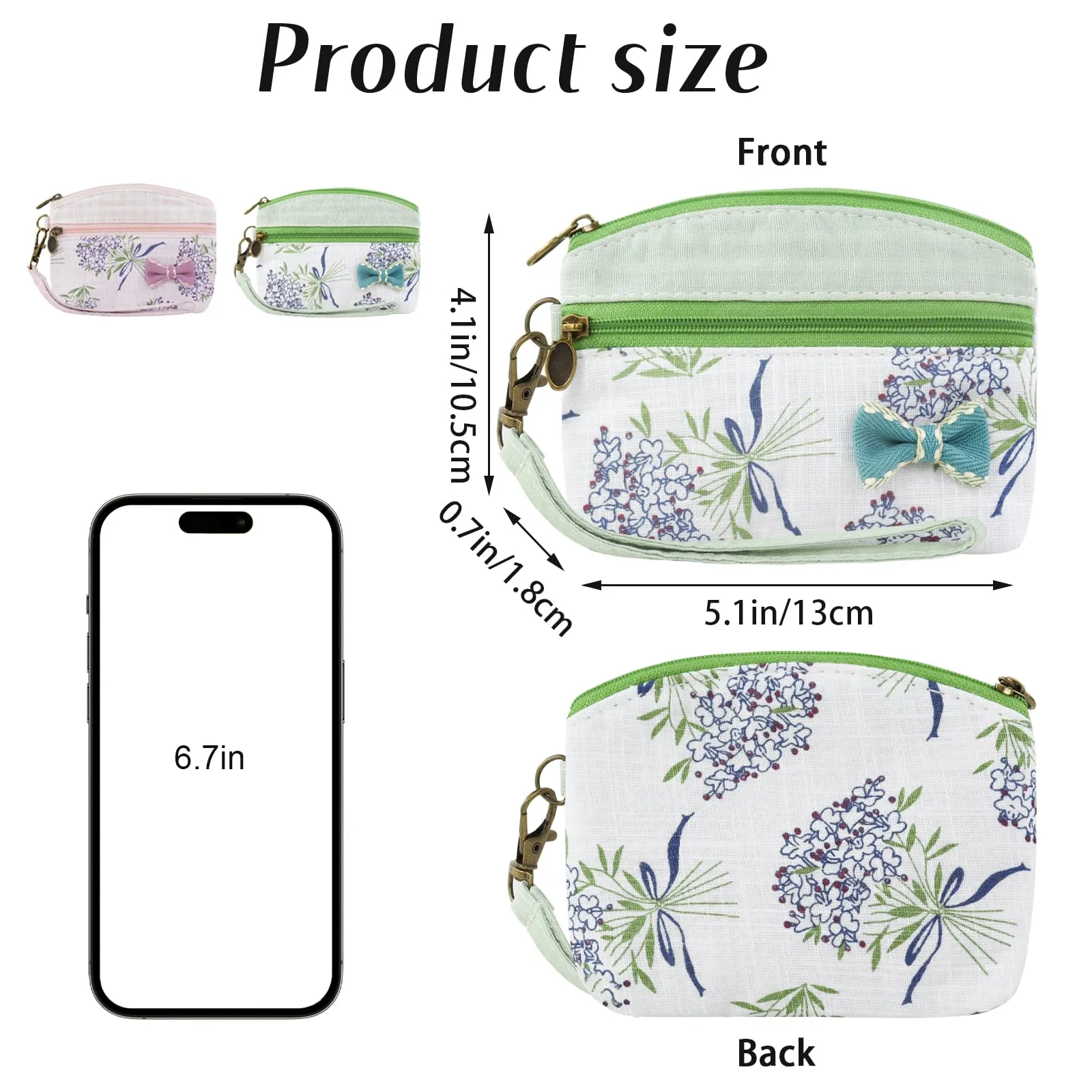 FuninCrea Mini Portamonete da Donna in Cotone, Motivo Floreale, 2 Tasche con Chiusura Lampo, Verde-A, 12x9x1,8 cm - immagine 2
