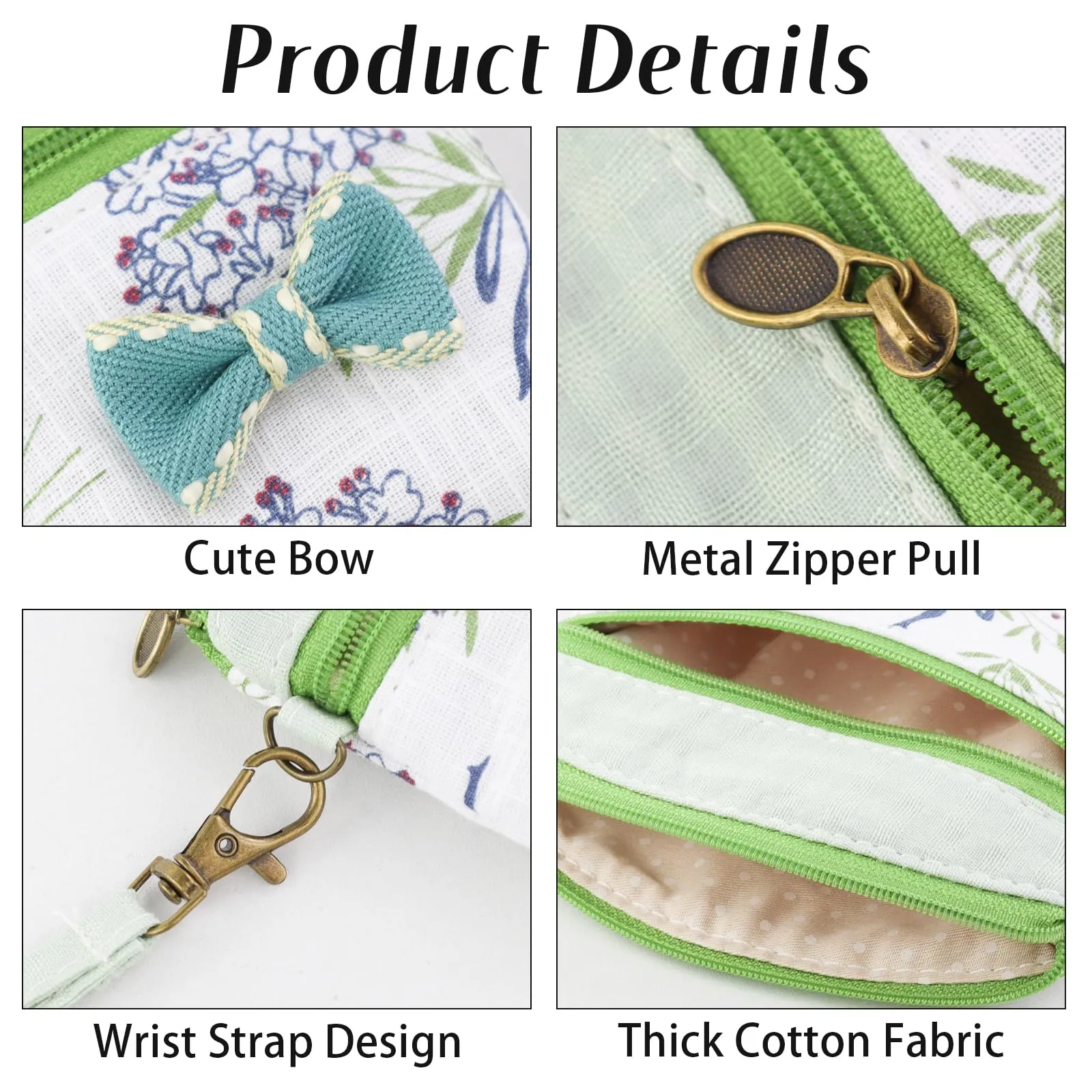 FuninCrea Mini Portamonete da Donna in Cotone, Motivo Floreale, 2 Tasche con Chiusura Lampo, Verde-A, 12x9x1,8 cm - immagine 3