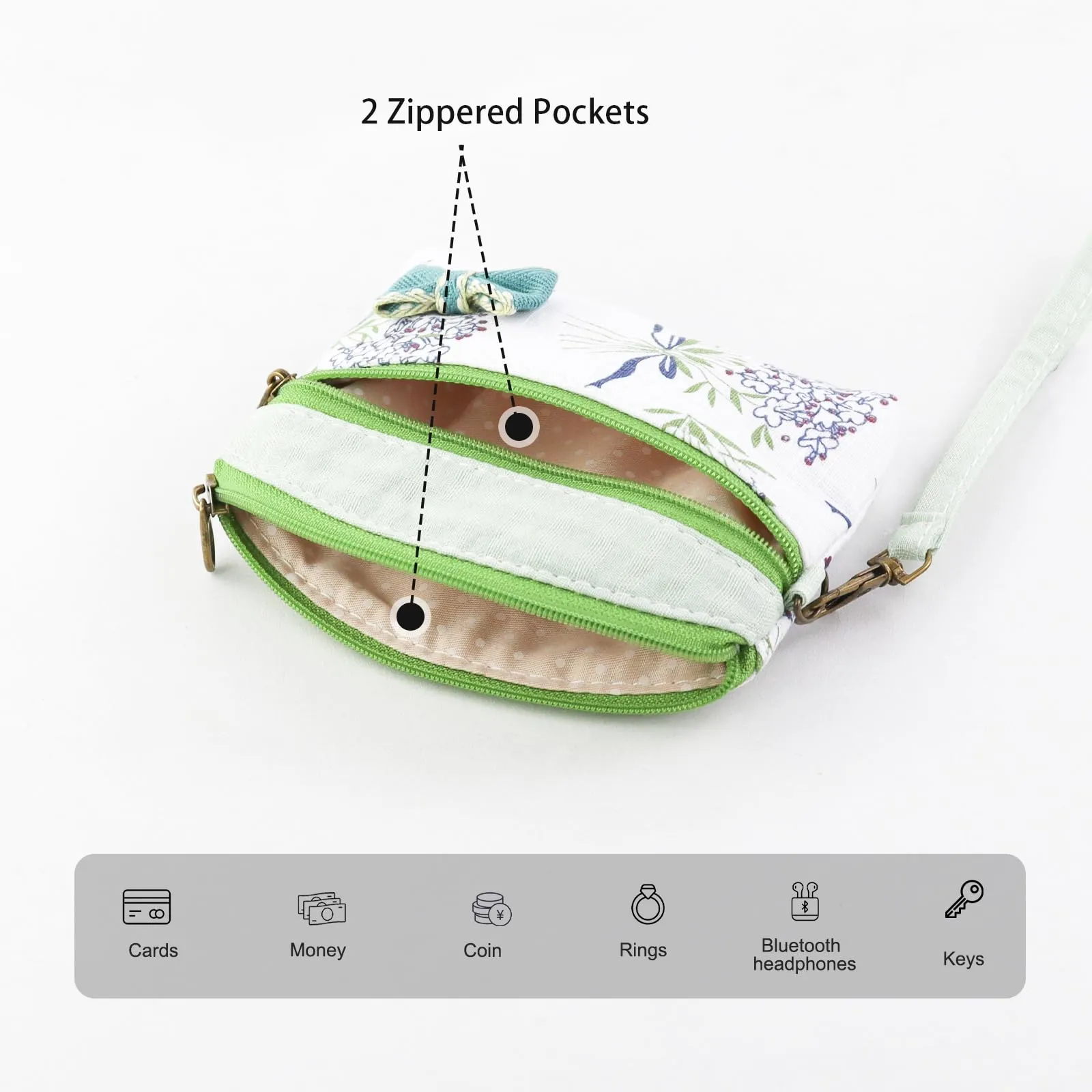 FuninCrea Mini Portamonete da Donna in Cotone, Motivo Floreale, 2 Tasche con Chiusura Lampo, Verde-A, 12x9x1,8 cm - immagine 4