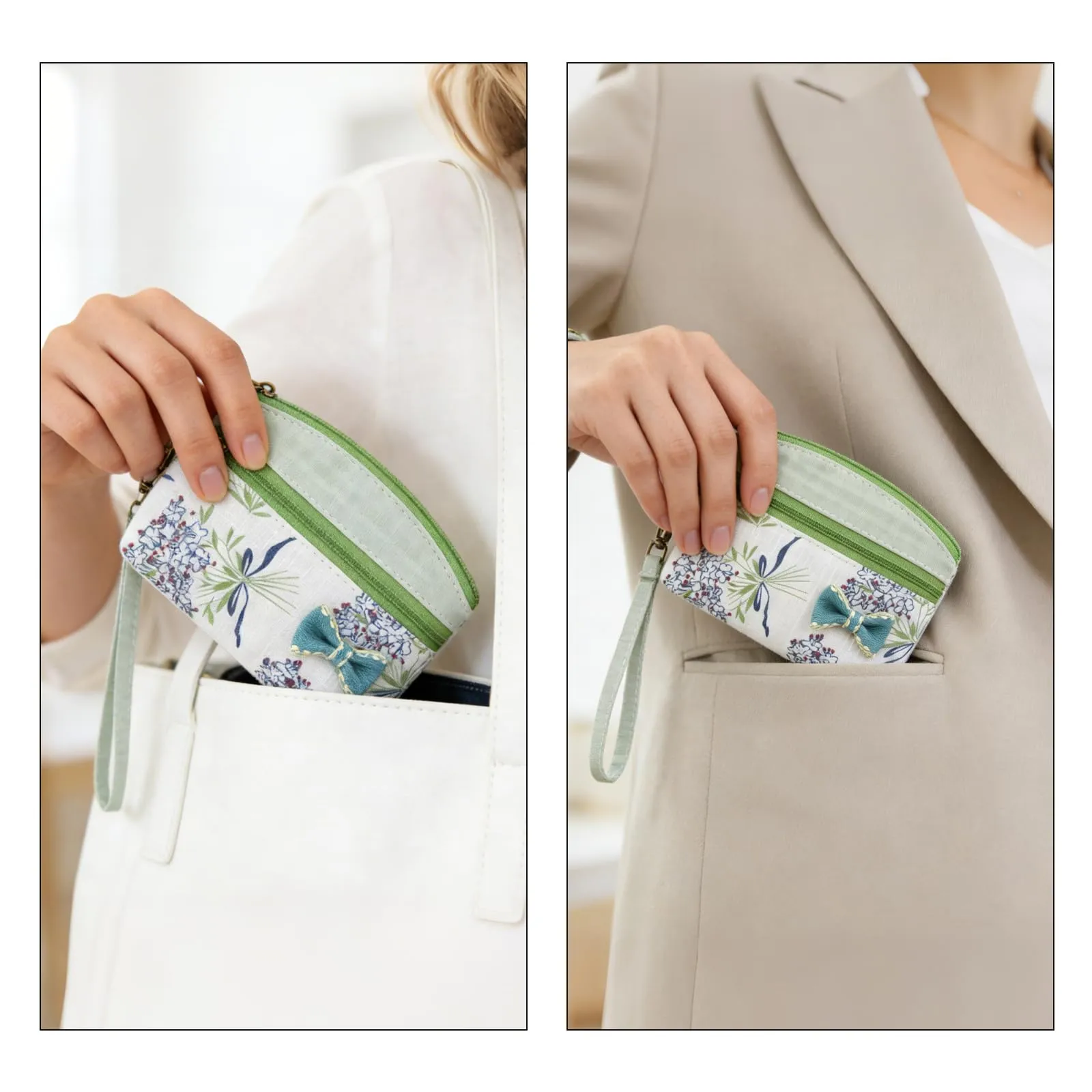 FuninCrea Mini Portamonete da Donna in Cotone, Motivo Floreale, 2 Tasche con Chiusura Lampo, Verde-A, 12x9x1,8 cm - immagine 6