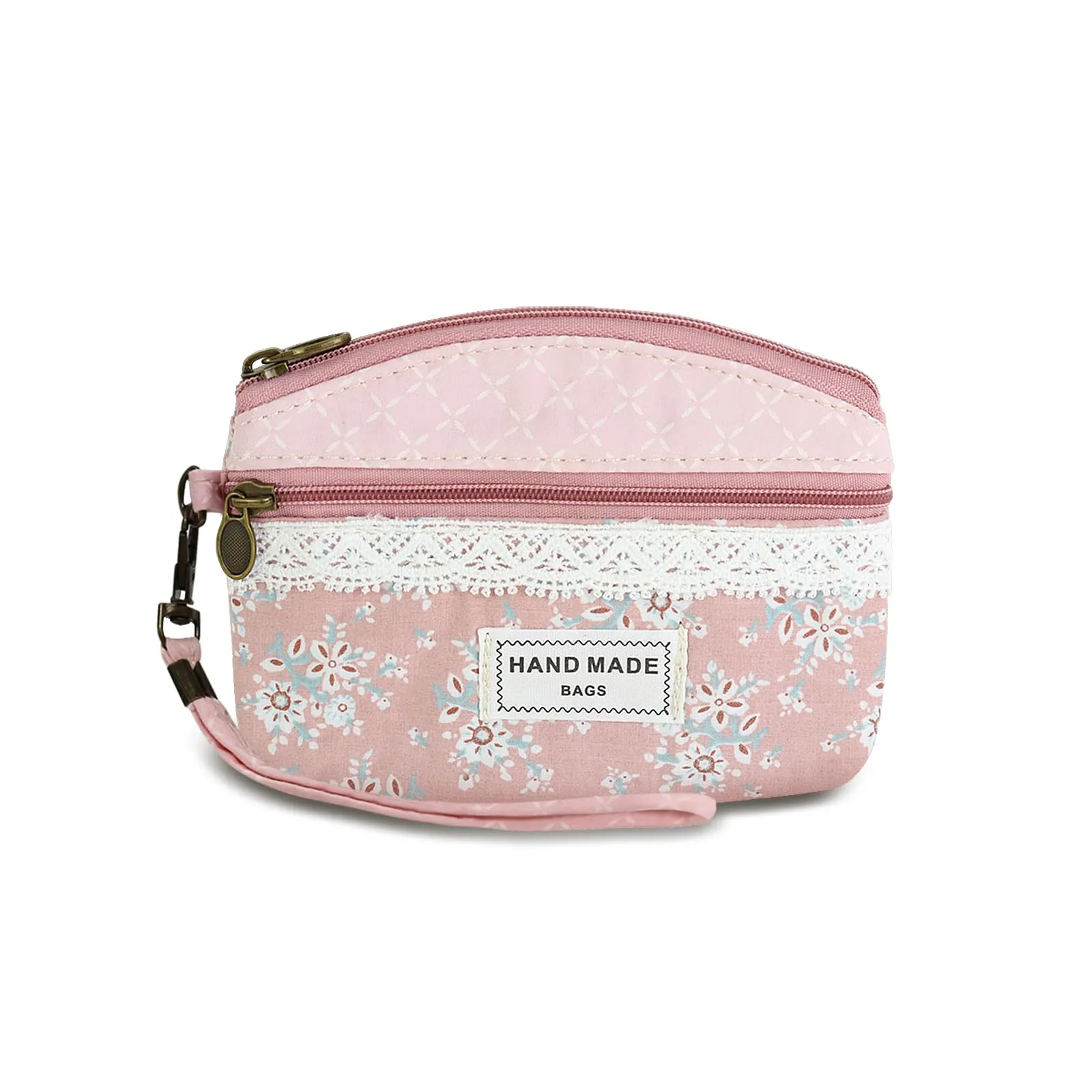 FuninCrea Mini Portamonete da Donna in Cotone, Motivo Floreale, 2 Tasche con Chiusura Lampo, Rosa-B., 12x9x1,8 cm - immagine 1