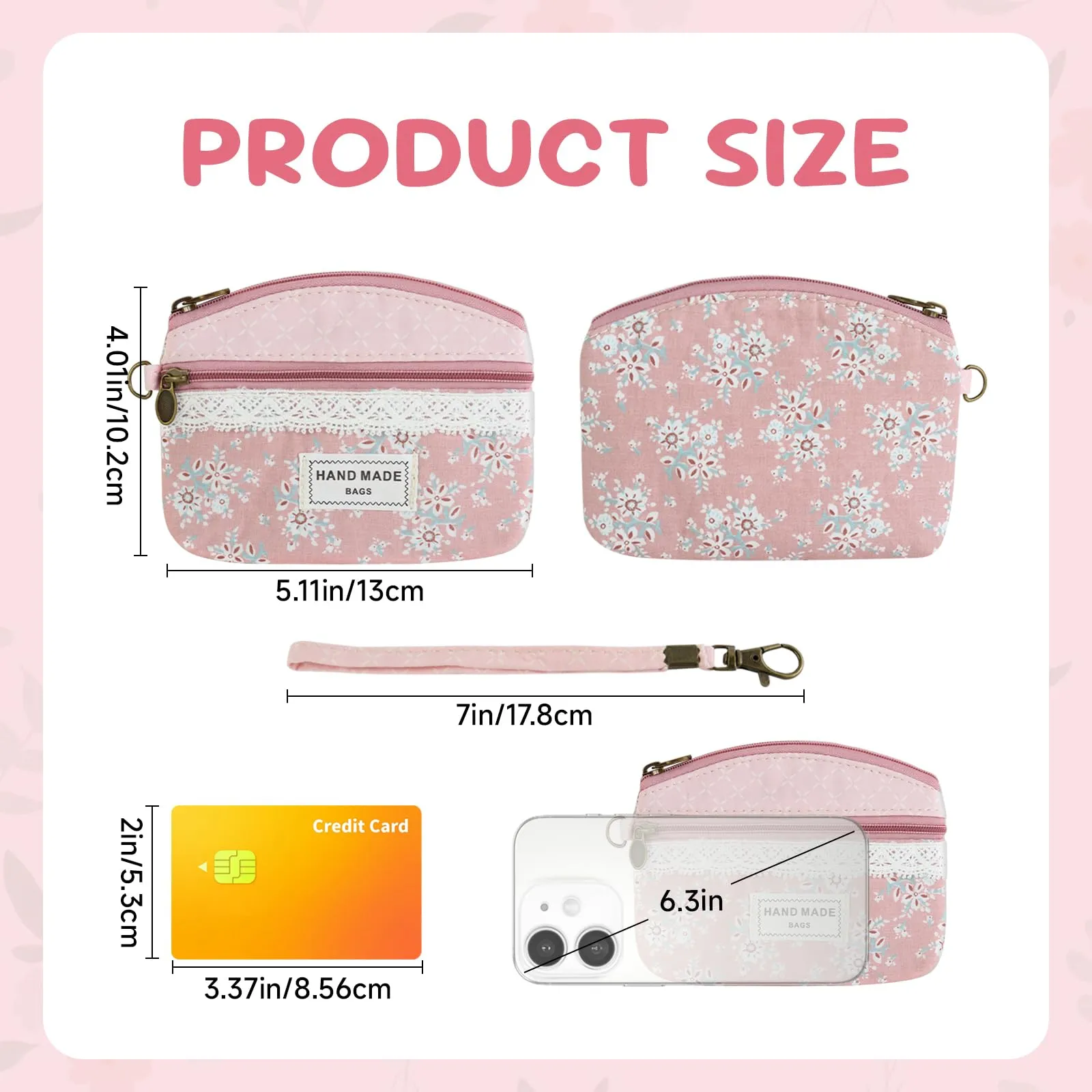 FuninCrea Mini Portamonete da Donna in Cotone, Motivo Floreale, 2 Tasche con Chiusura Lampo, Rosa-B., 12x9x1,8 cm - immagine 2
