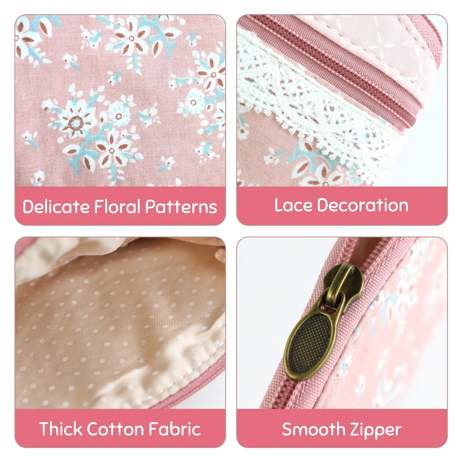 FuninCrea Mini Portamonete da Donna in Cotone, Motivo Floreale, 2 Tasche con Chiusura Lampo, Rosa-B., 12x9x1,8 cm - immagine 3