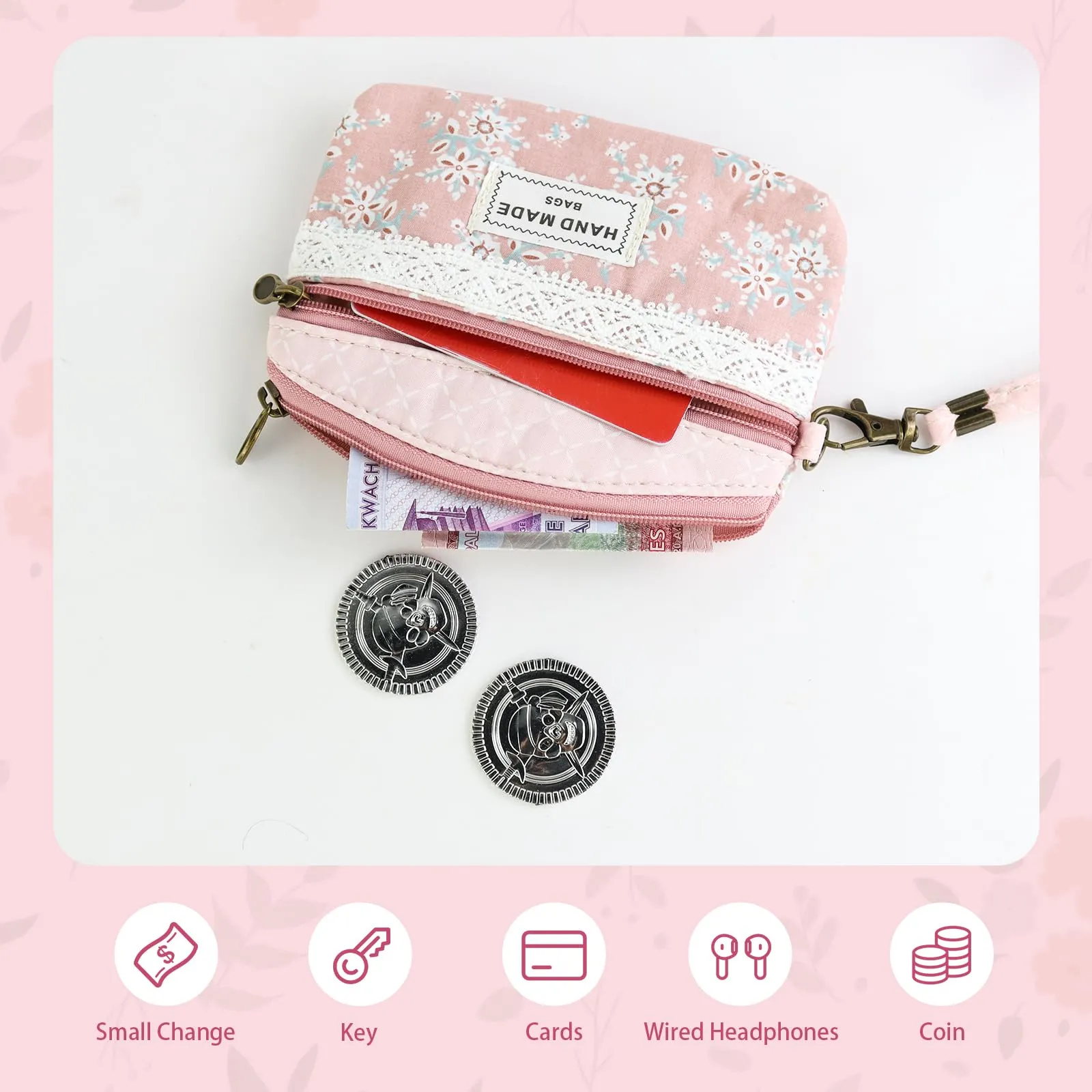 FuninCrea Mini Portamonete da Donna in Cotone, Motivo Floreale, 2 Tasche con Chiusura Lampo, Rosa-B., 12x9x1,8 cm - immagine 4