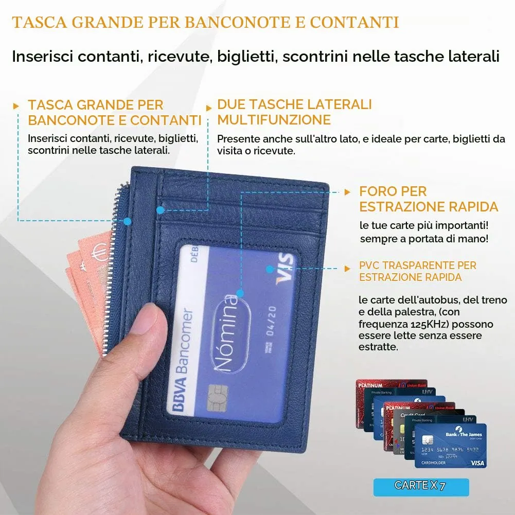 flintronic Portia Portafoglio in Pelle con Blocco RFID/NFC, 6 Slot per Schede e Scomparto con Cerniera, Blu - immagine 2