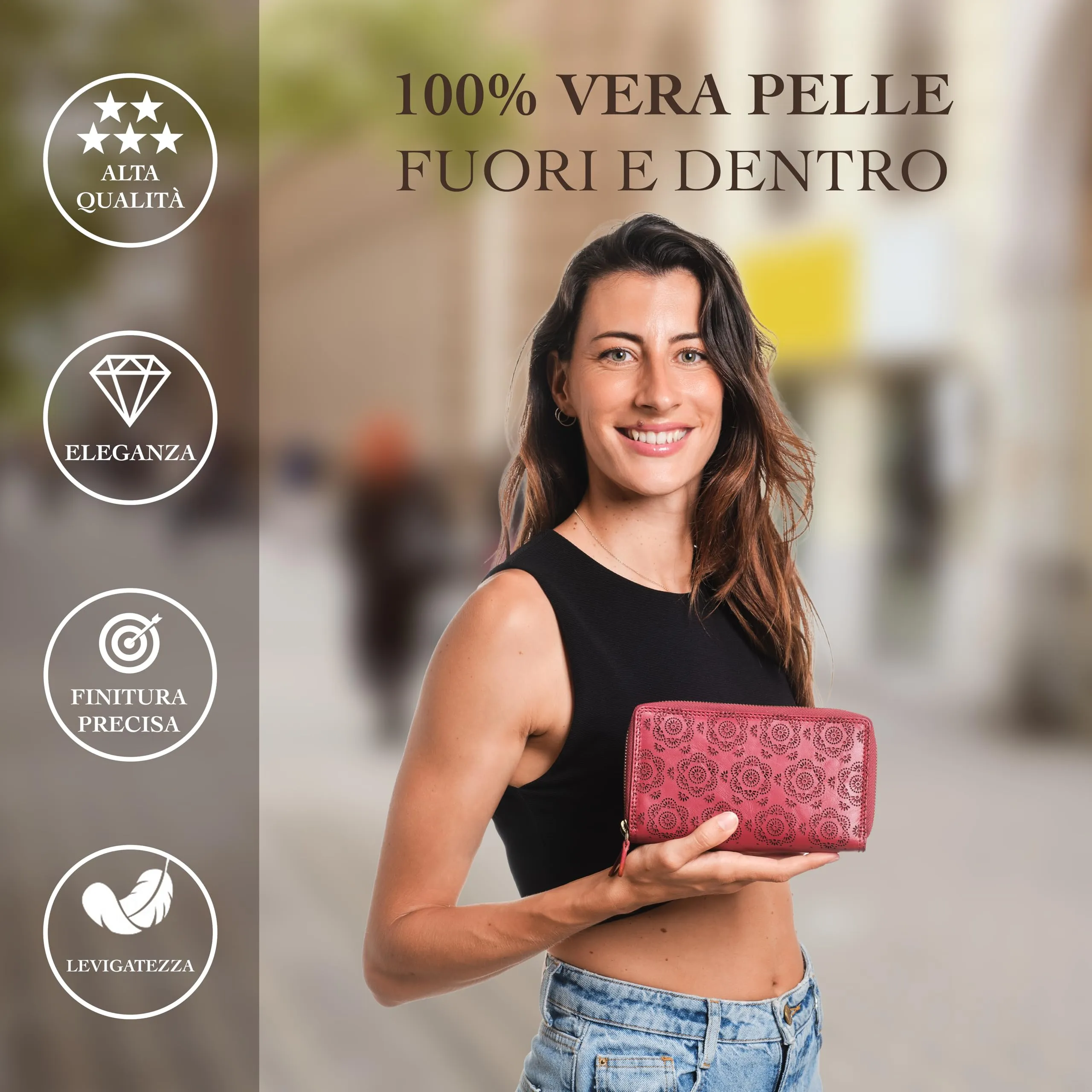 Lavalen Portafoglio Donna in Vera Pelle RFID con 30 Tasche e Doppia Cerniera, Rosso Fiore - immagine 2