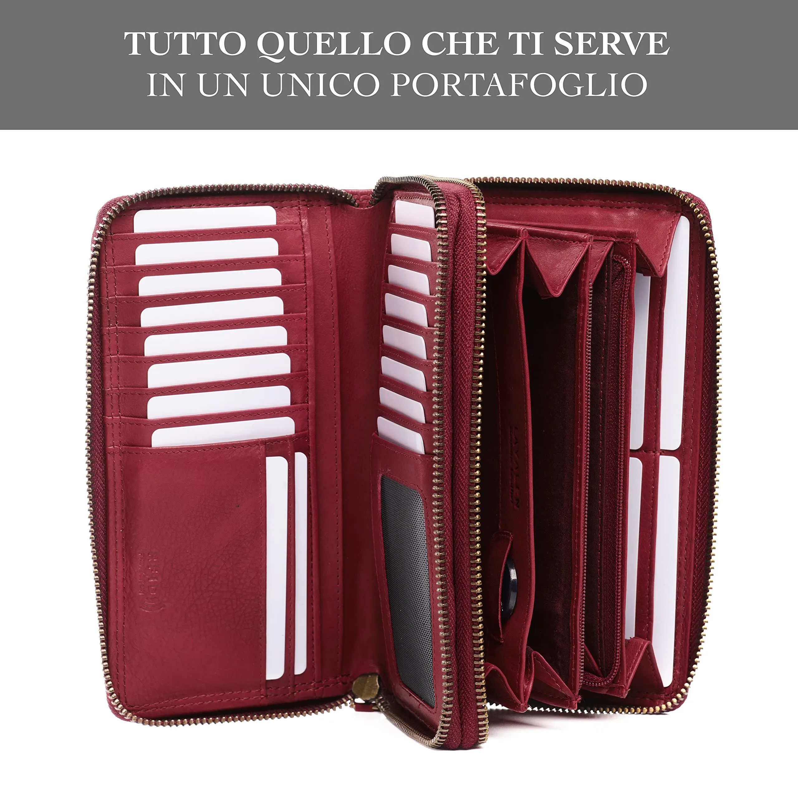 Lavalen Portafoglio Donna in Vera Pelle RFID con 30 Tasche e Doppia Cerniera, Rosso Fiore - immagine 3