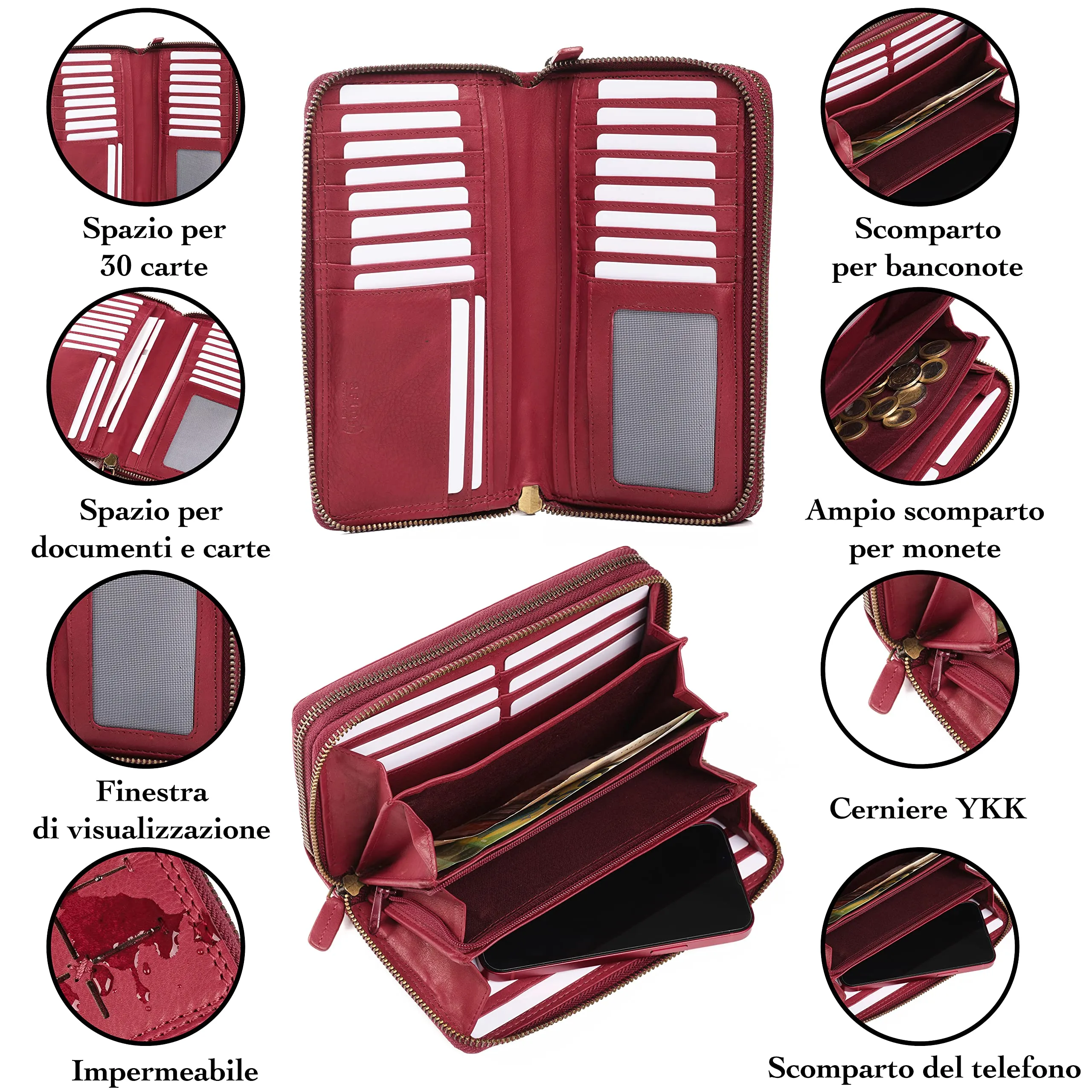 Lavalen Portafoglio Donna in Vera Pelle RFID con 30 Tasche e Doppia Cerniera, Rosso Fiore - immagine 4