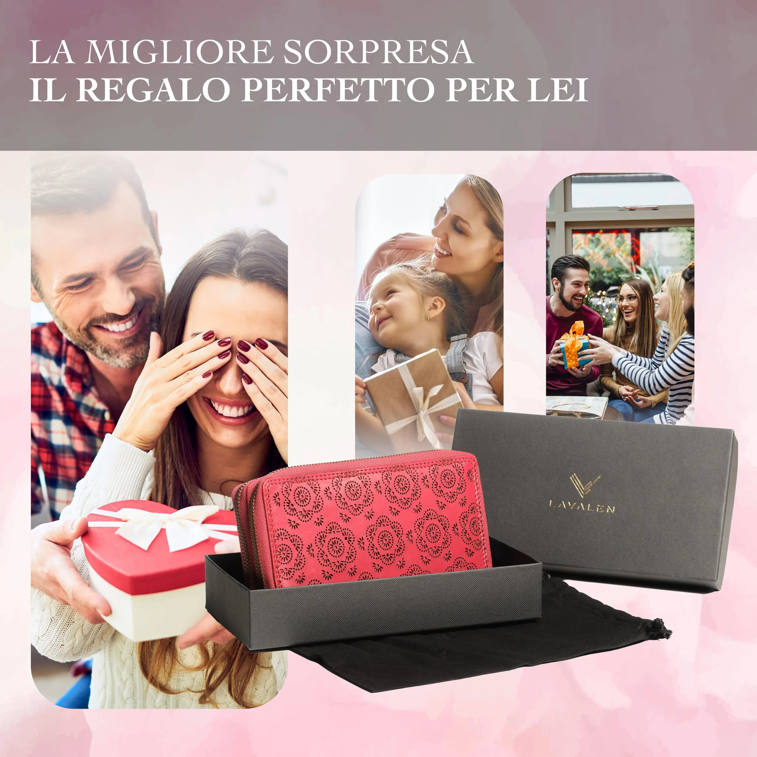 Lavalen Portafoglio Donna in Vera Pelle RFID con 30 Tasche e Doppia Cerniera, Rosso Fiore - immagine 6