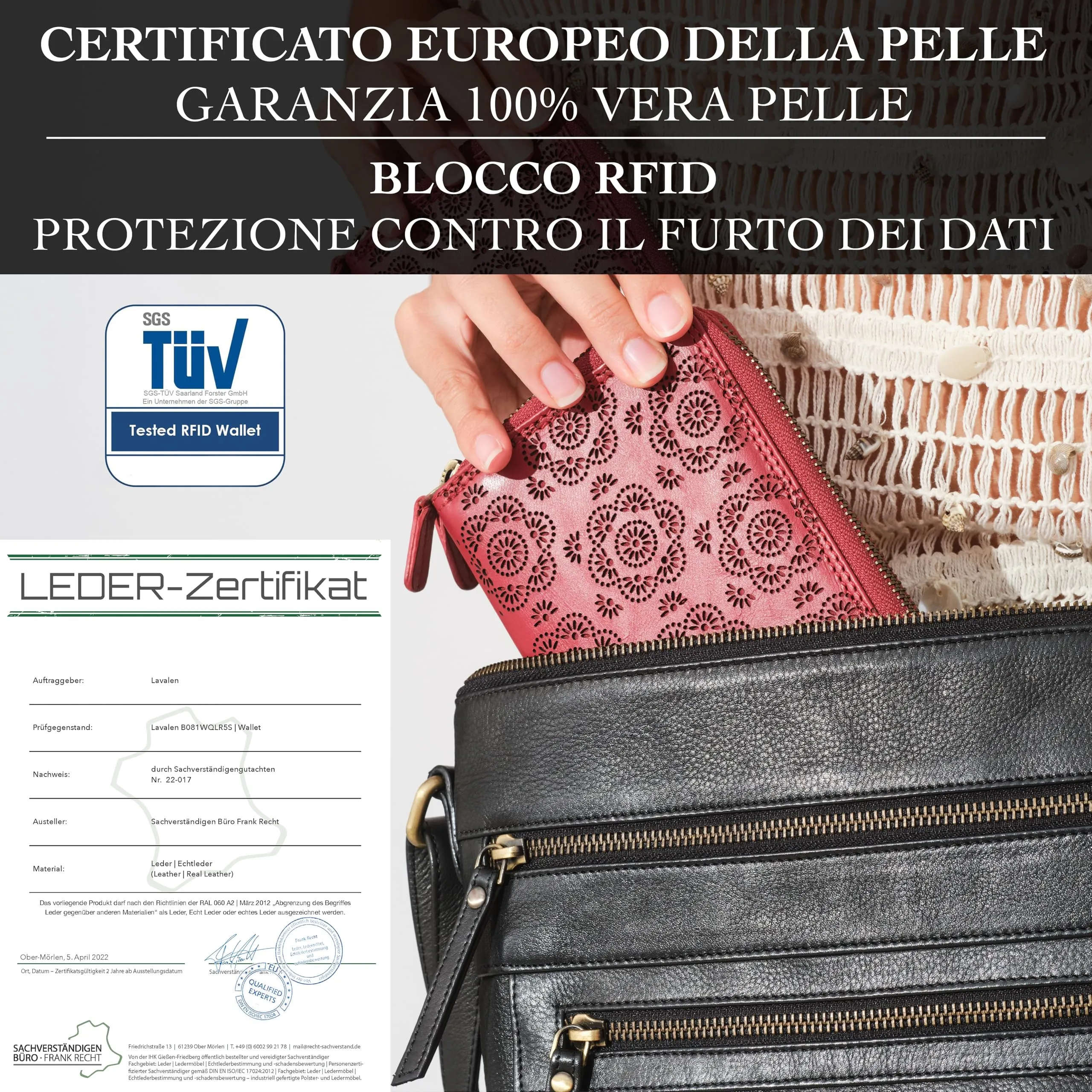 Lavalen Portafoglio Donna in Vera Pelle RFID con 30 Tasche e Doppia Cerniera, Rosso Fiore - immagine 7