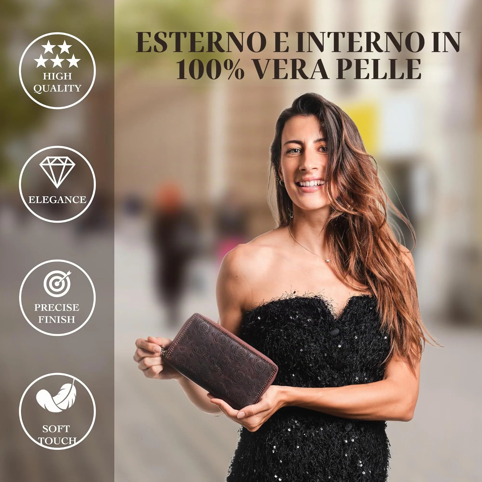 Lavalen Portafoglio Donna in Vera Pelle RFID con 30 Tasche e Doppia Cerniera, Marrone Fiore - immagine 2