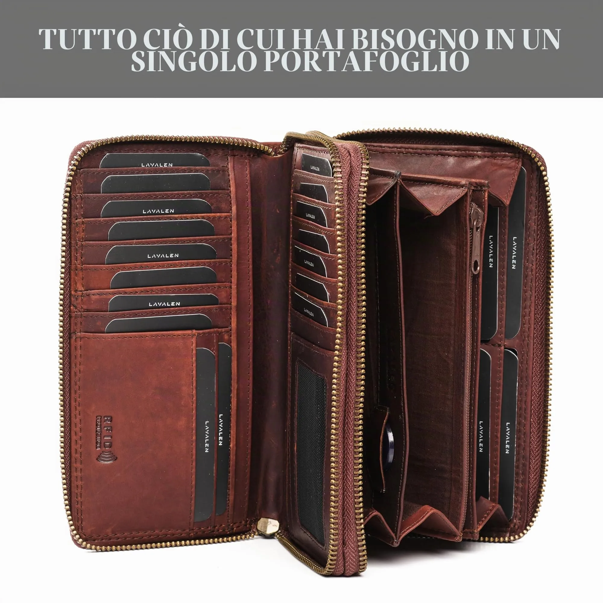 Lavalen Portafoglio Donna in Vera Pelle RFID con 30 Tasche e Doppia Cerniera, Marrone Fiore - immagine 3