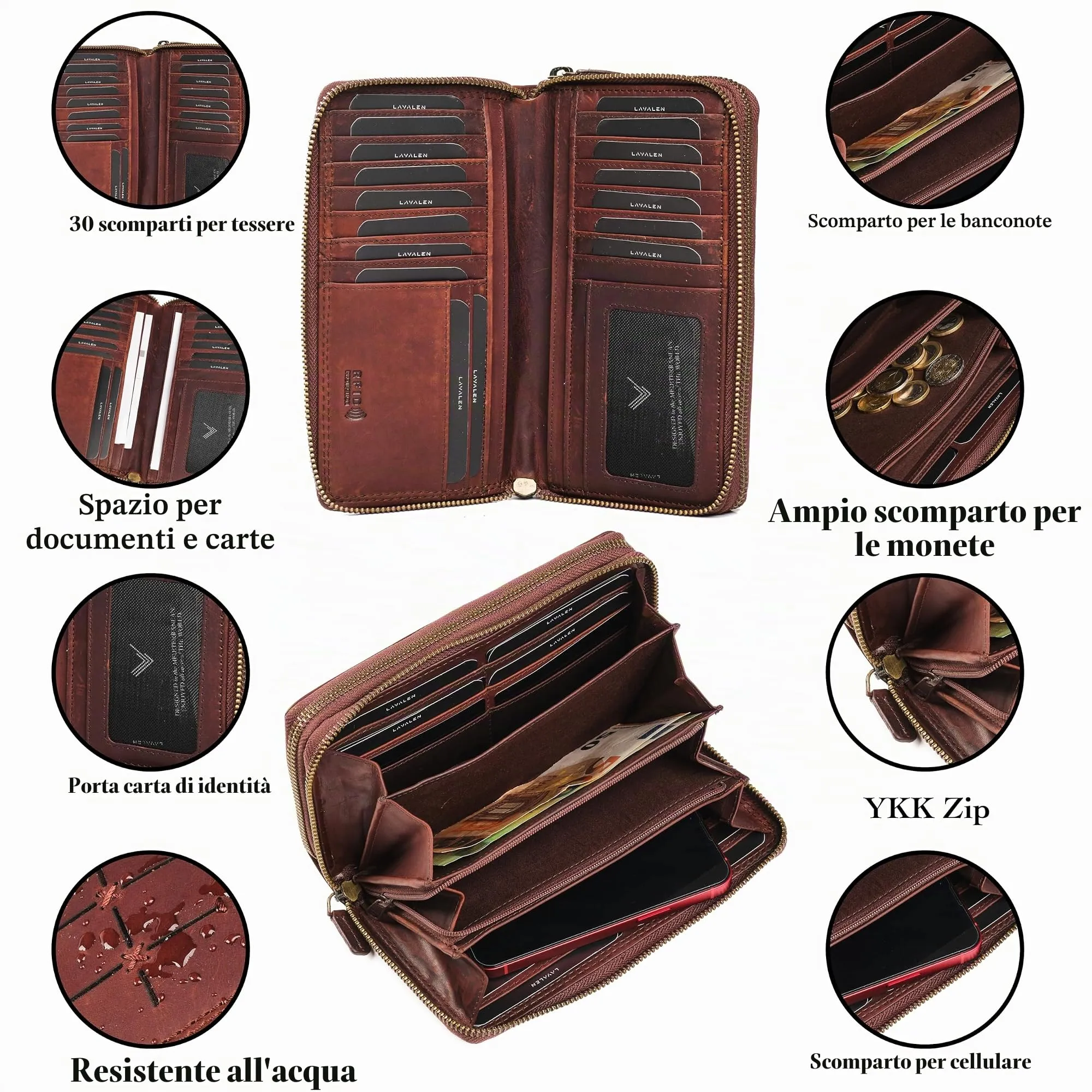 Lavalen Portafoglio Donna in Vera Pelle RFID con 30 Tasche e Doppia Cerniera, Marrone Fiore - immagine 4