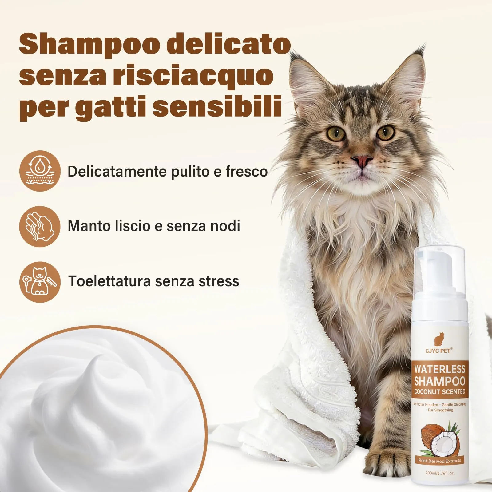 GJYC PET Shampoo Secco per Gatti, Noce di Cocco, pH Neutro, 200 ml - immagine 2