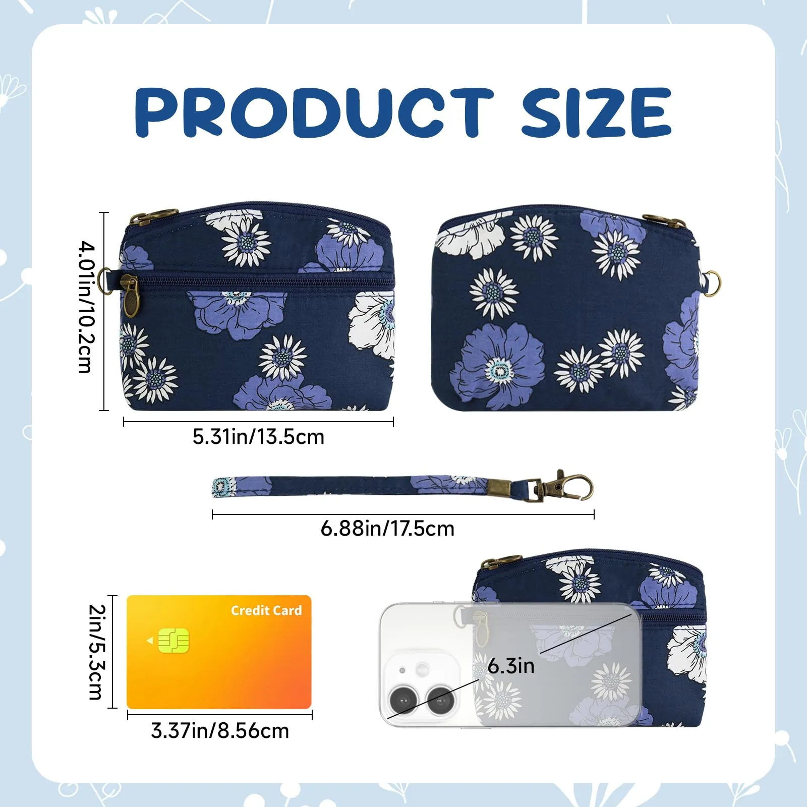 FuninCrea Mini Portamonete da Donna in Cotone, Motivo Floreale, Blu-B, 12x9x1,8 cm - immagine 2