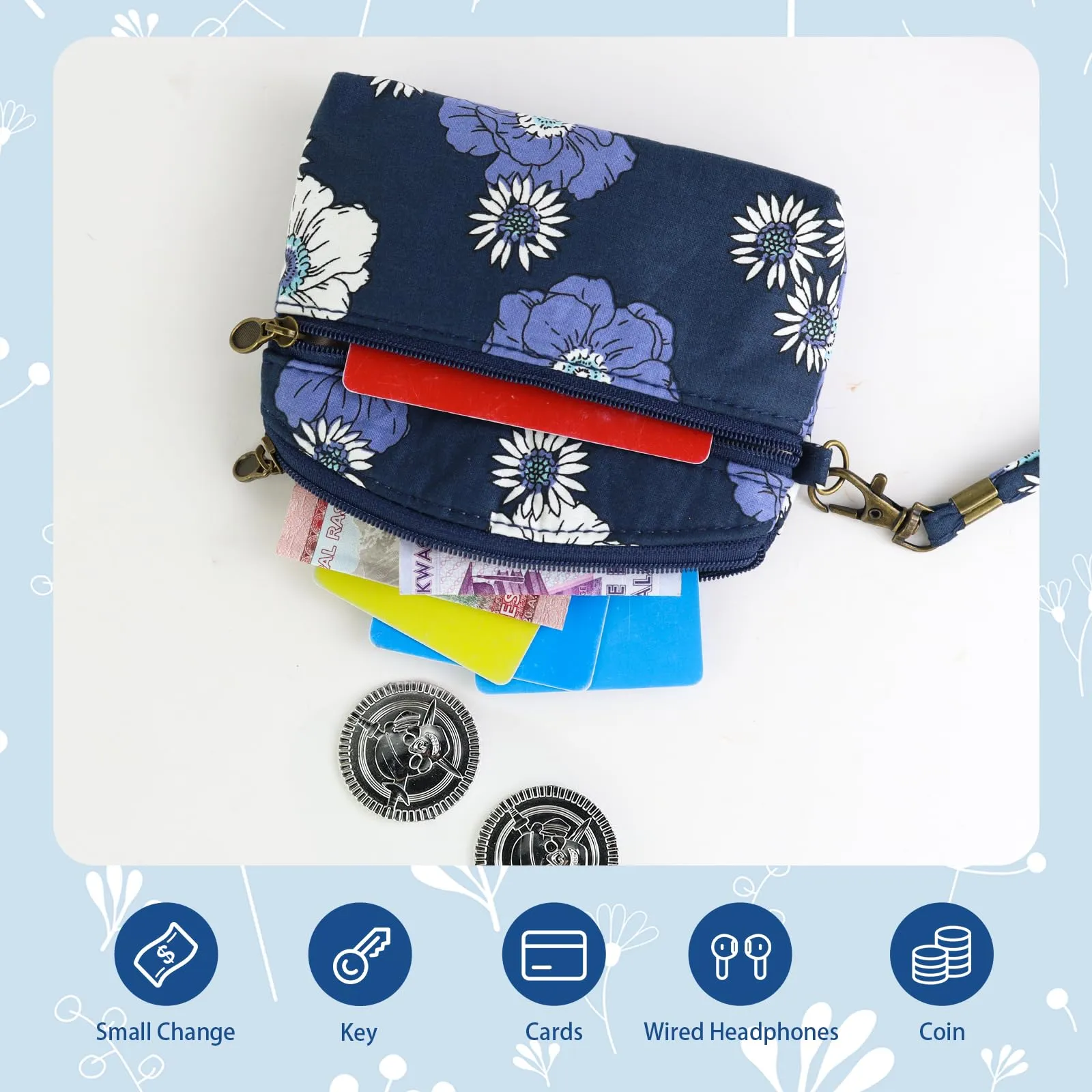 FuninCrea Mini Portamonete da Donna in Cotone, Motivo Floreale, Blu-B, 12x9x1,8 cm - immagine 4