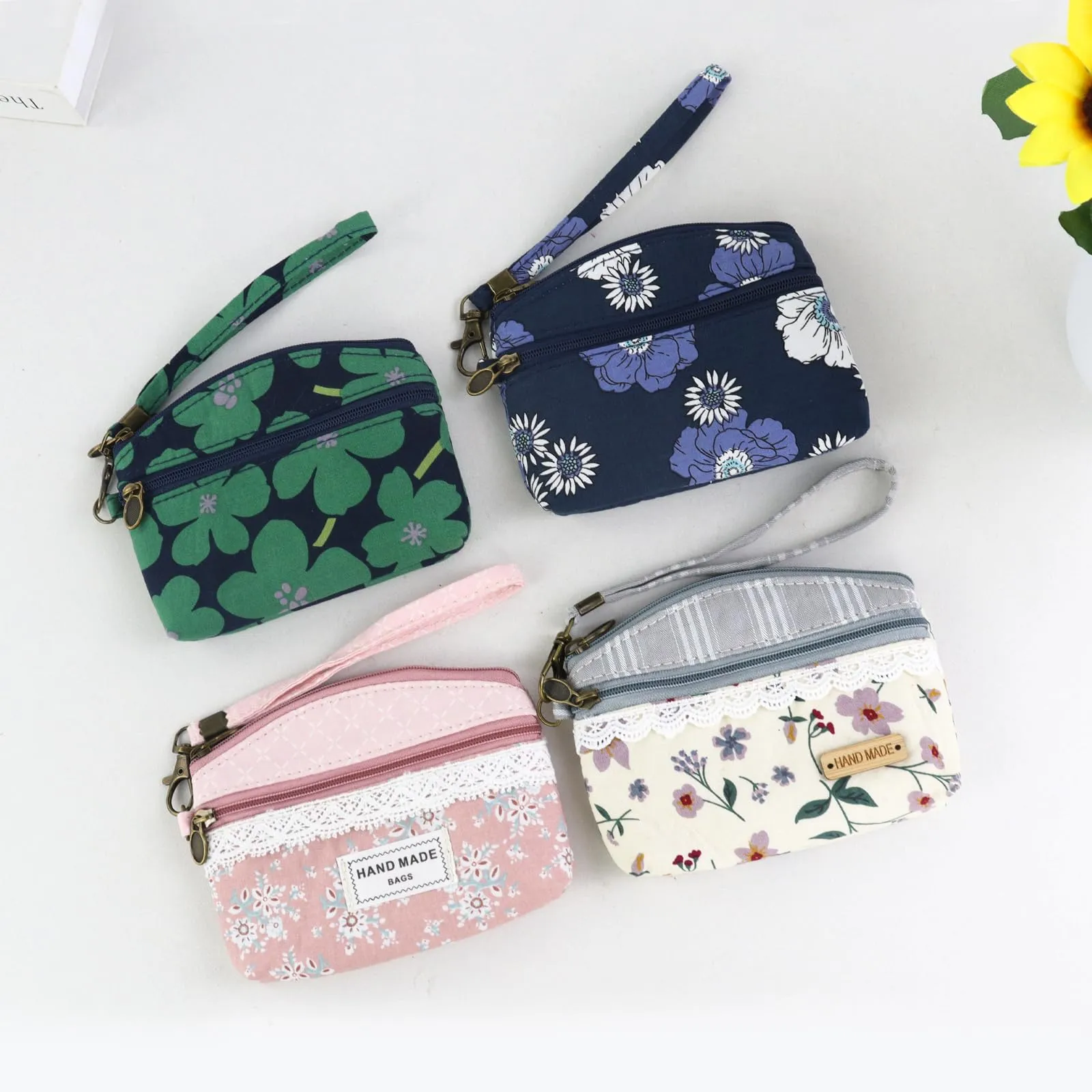 FuninCrea Mini Portamonete da Donna in Cotone, Motivo Floreale, Blu-B, 12x9x1,8 cm - immagine 5