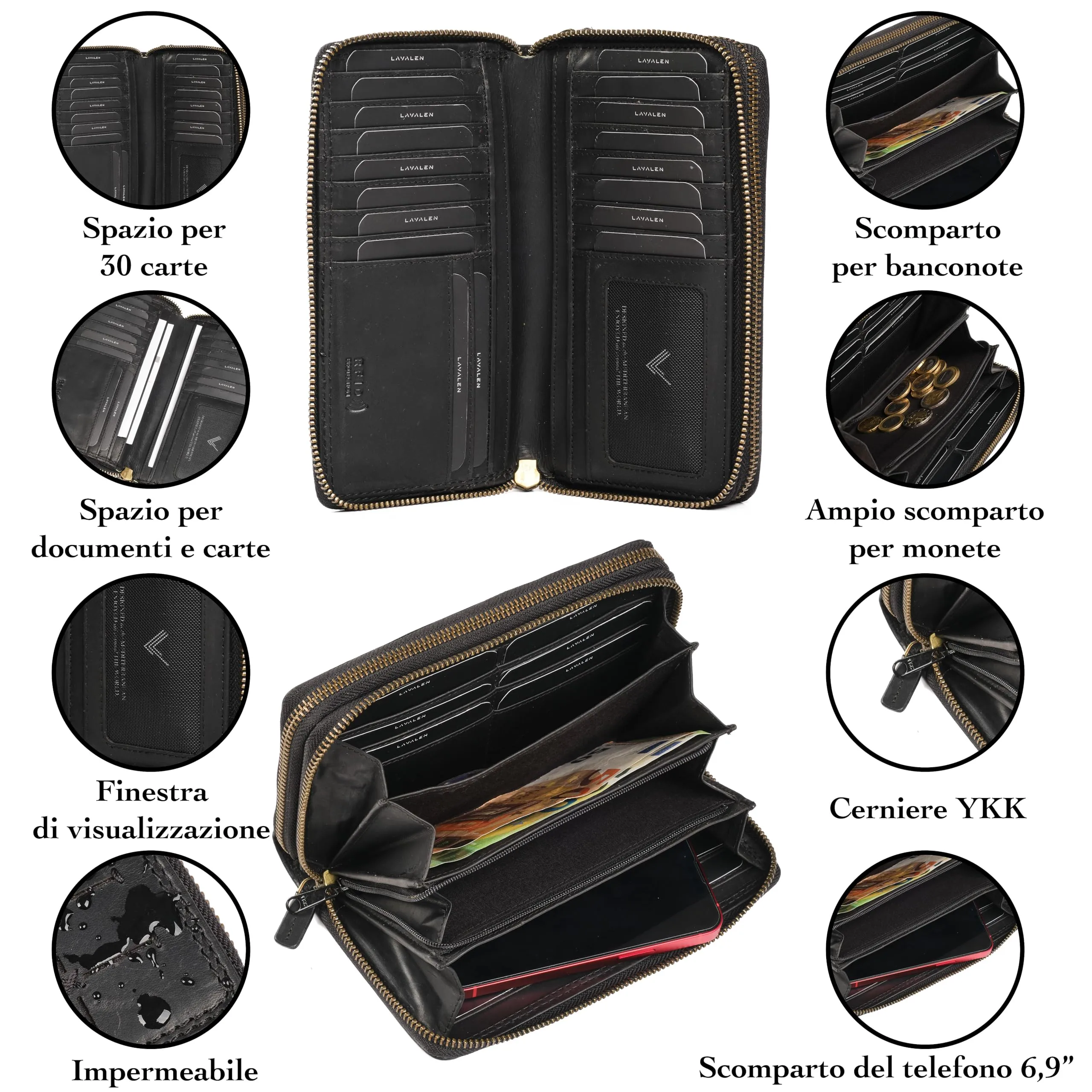Lavalen Portafoglio Donna Grande in Vera Pelle con 30 Tasche RFID e Doppia Cerniera - immagine 4