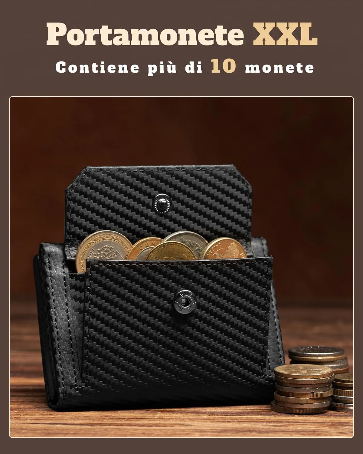 DODENSHA MagSnap Portafoglio da uomo Slim Wallet con scomparto per monete XL, chiusura magnetica e protezione RFID (Carbonio) - immagine 2