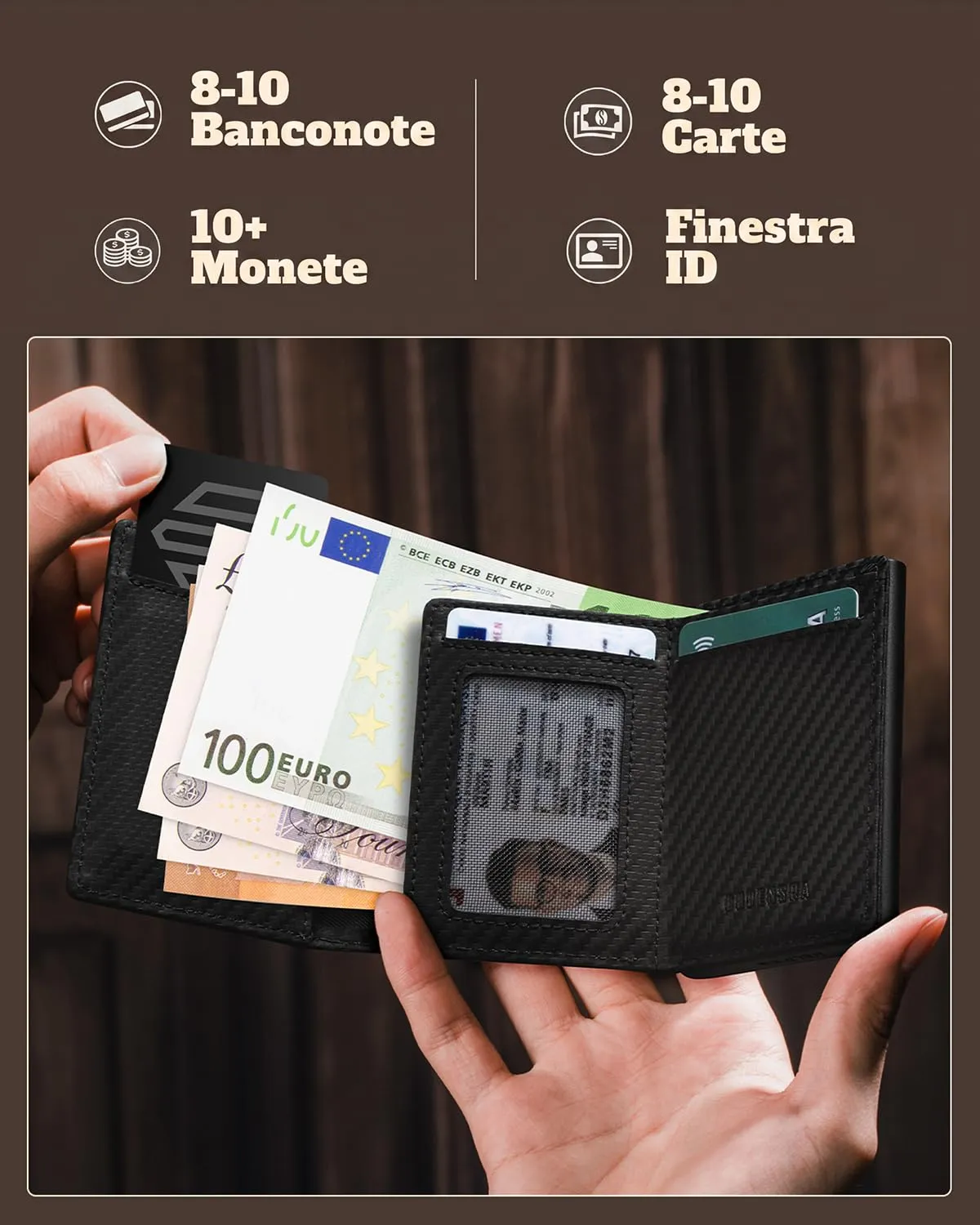 DODENSHA MagSnap Portafoglio da uomo Slim Wallet con scomparto per monete XL, chiusura magnetica e protezione RFID (Carbonio) - immagine 3