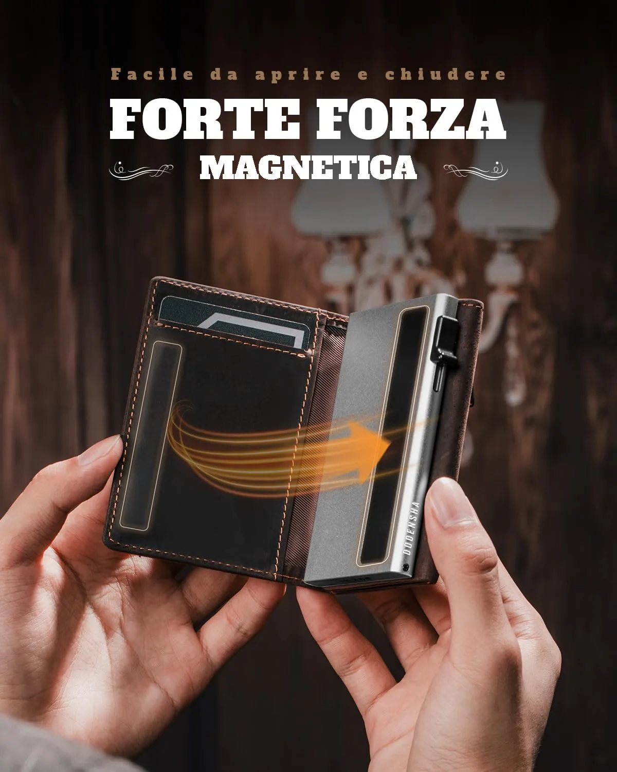 DODENSHA MagSnap Portafoglio da uomo sottile in pelle con scomparto per monete, chiusura magnetica e protezione RFID (Marrone Argento) - immagine 2