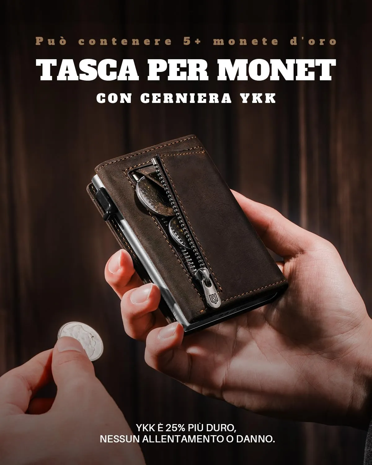 DODENSHA MagSnap Portafoglio da uomo sottile in pelle con scomparto per monete, chiusura magnetica e protezione RFID (Marrone Argento) - immagine 6