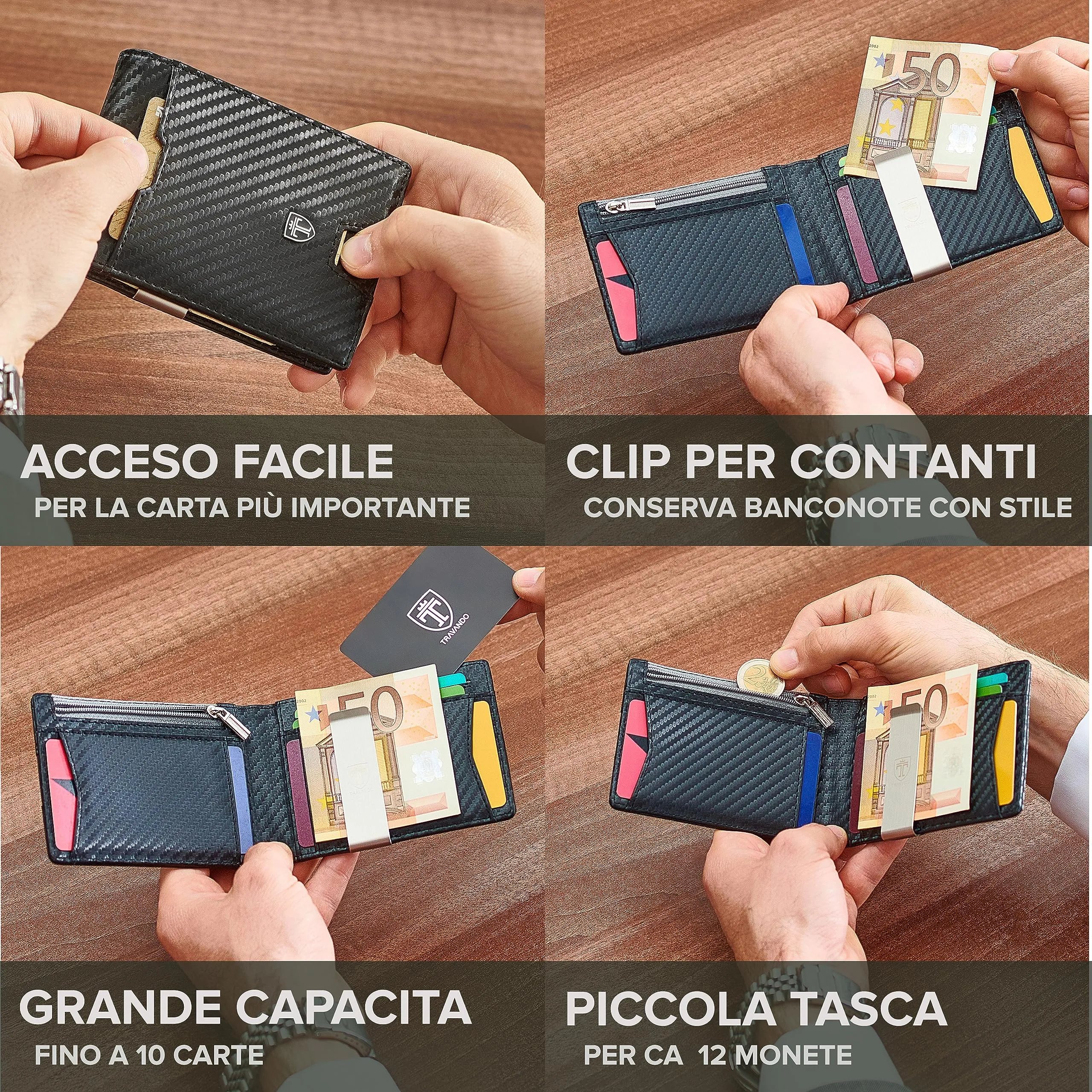 TRAVANDO Portafoglio Uomo London con Clip per Contanti, 10 Tasche per Carte, Protezione RFID (Carbon) - immagine 2