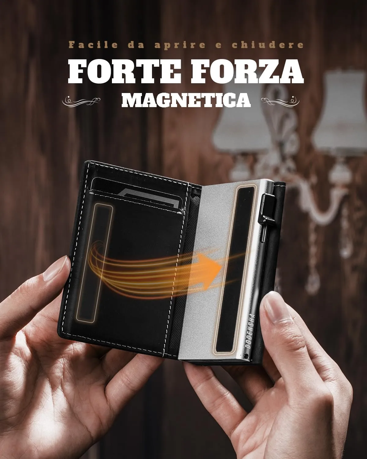 DODENSHA MagSnap Portafoglio da Uomo Sottile in Pelle con Scomparto Monete, Chiusura Magnetica e Protezione RFID (Nero e Argento) - immagine 2