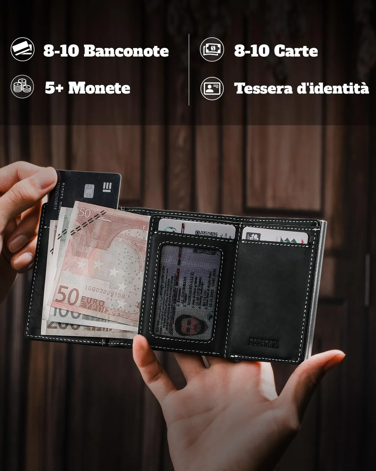 DODENSHA MagSnap Portafoglio da Uomo Sottile in Pelle con Scomparto Monete, Chiusura Magnetica e Protezione RFID (Nero e Argento) - immagine 3