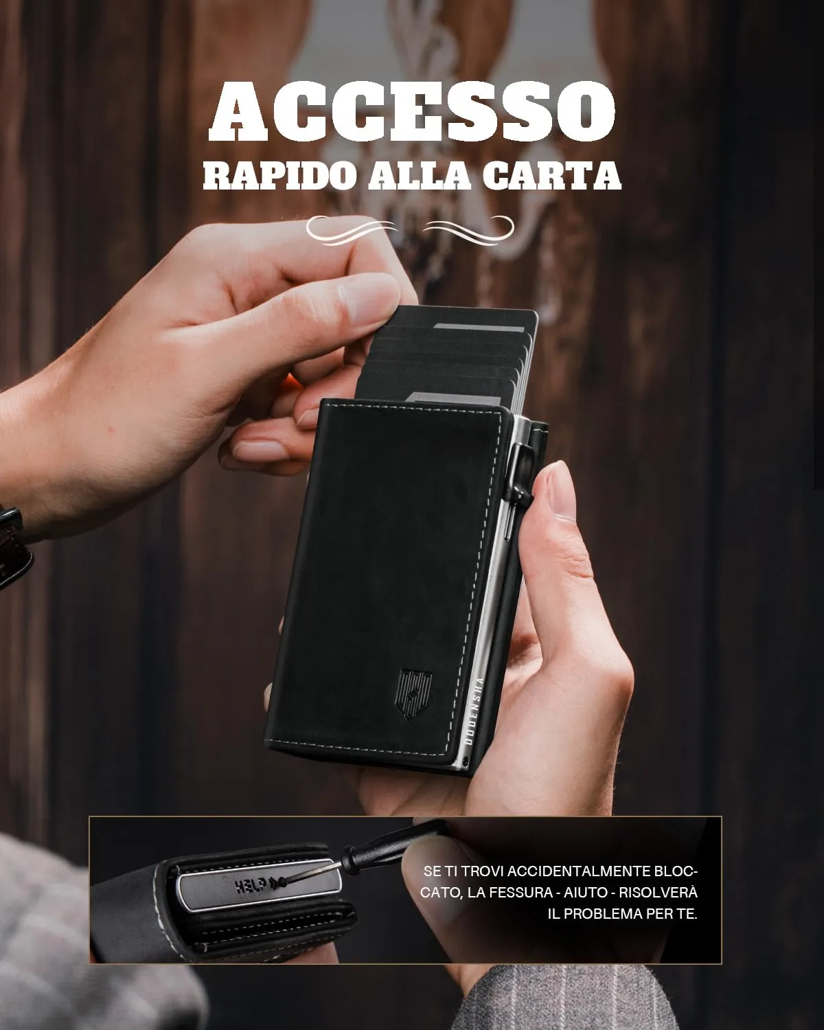 DODENSHA MagSnap Portafoglio da Uomo Sottile in Pelle con Scomparto Monete, Chiusura Magnetica e Protezione RFID (Nero e Argento) - immagine 5