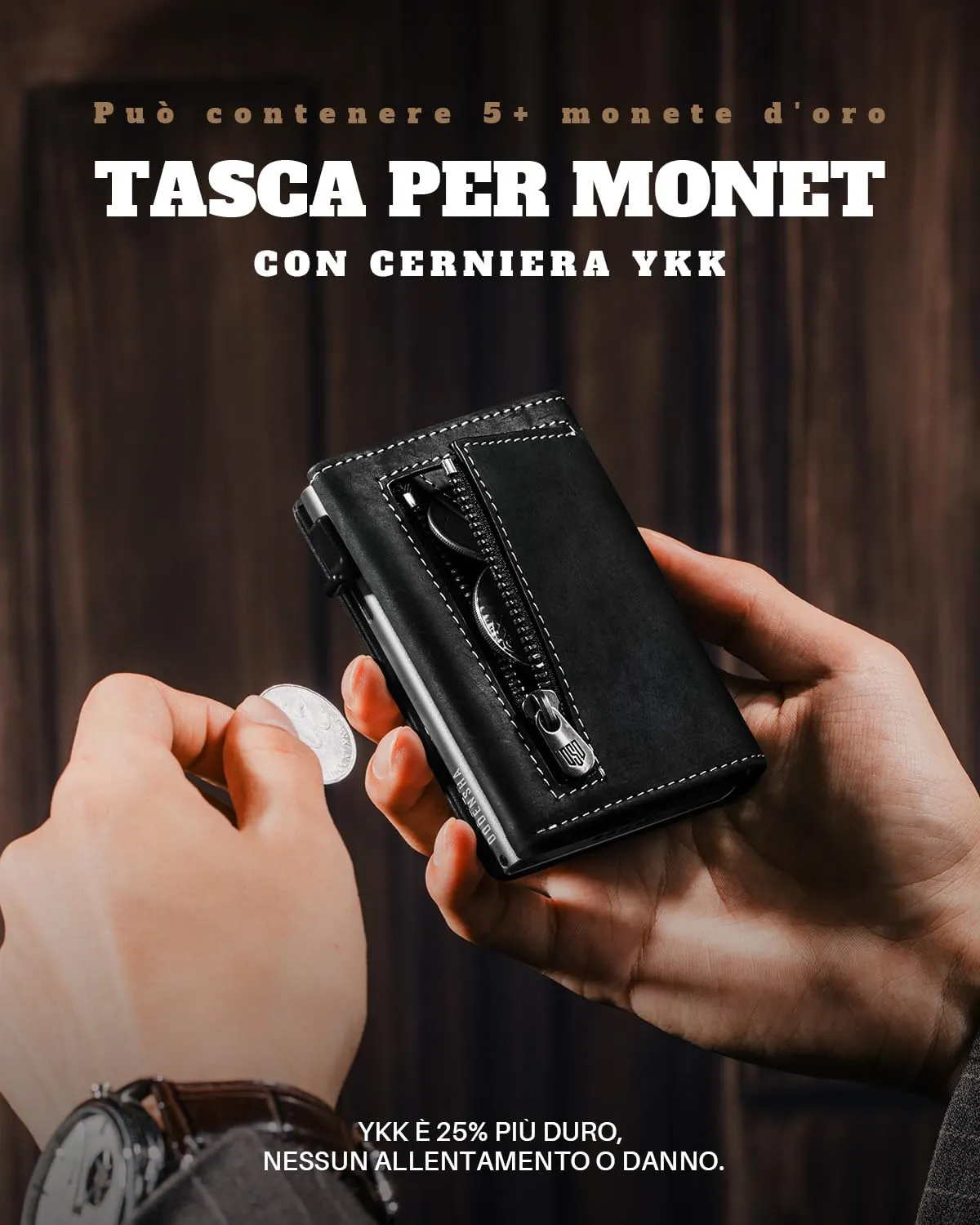 DODENSHA MagSnap Portafoglio da Uomo Sottile in Pelle con Scomparto Monete, Chiusura Magnetica e Protezione RFID (Nero e Argento) - immagine 6