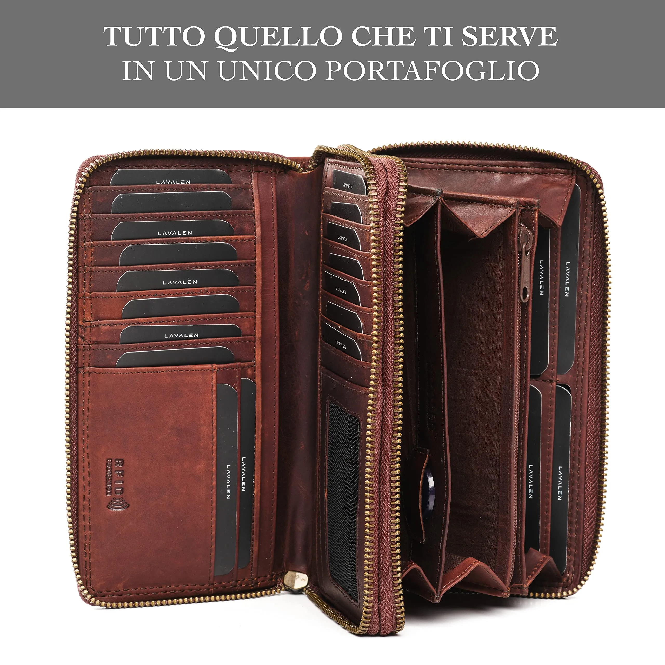 Lavalen Portafoglio Donna in Vera Pelle RFID con 30 Tasche e Doppia Cerniera - immagine 3
